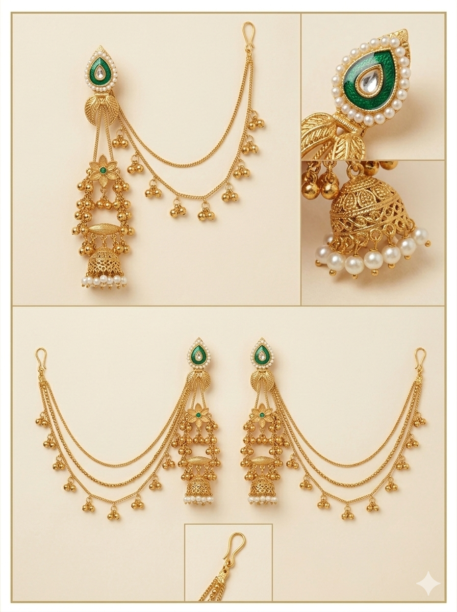 Gold-Tone Chandbali Style Earrings with Green Stone Top & Pearl Cluster Drops
