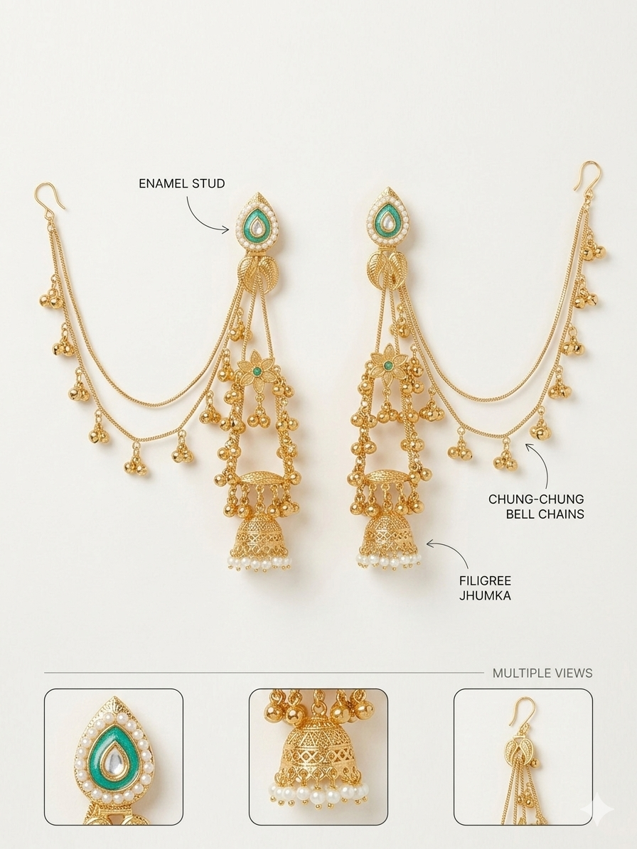 Gold-Tone Chandbali Style Earrings with Green Stone Top & Pearl Cluster Drops