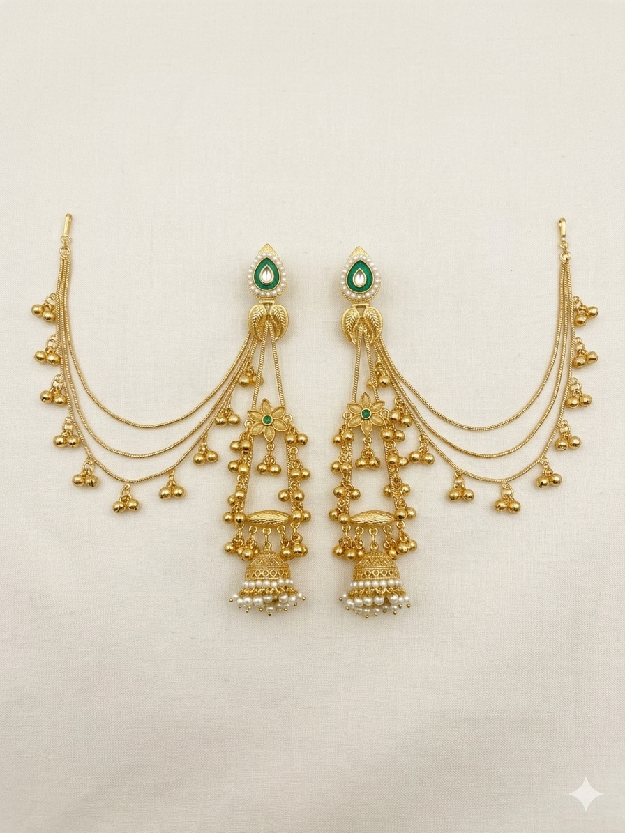 Gold-Tone Chandbali Style Earrings with Green Stone Top & Pearl Cluster Drops