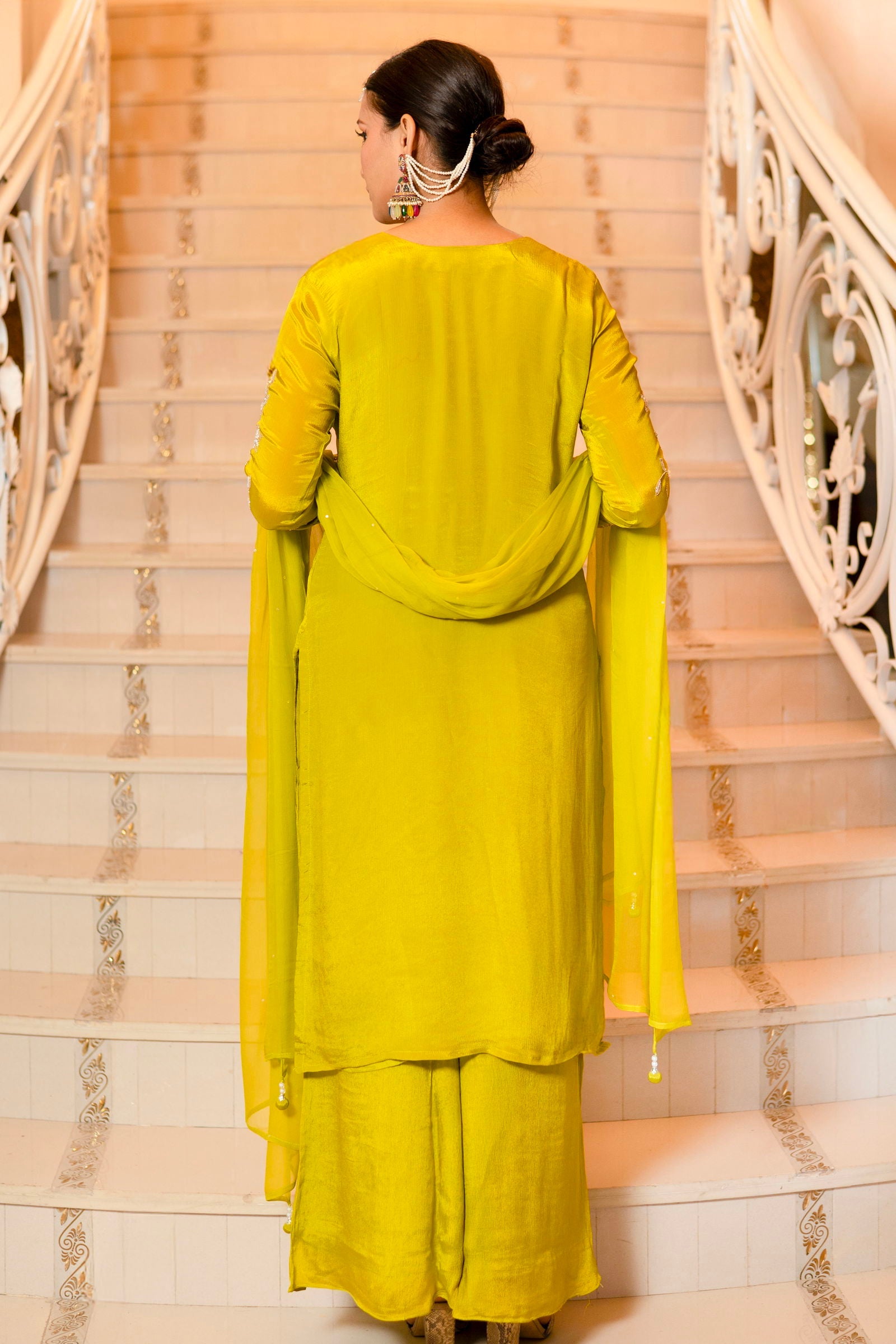 Mehandi Green Chiffon Hand Embriodered Kurta with Palazzo Set - Mayrake.in