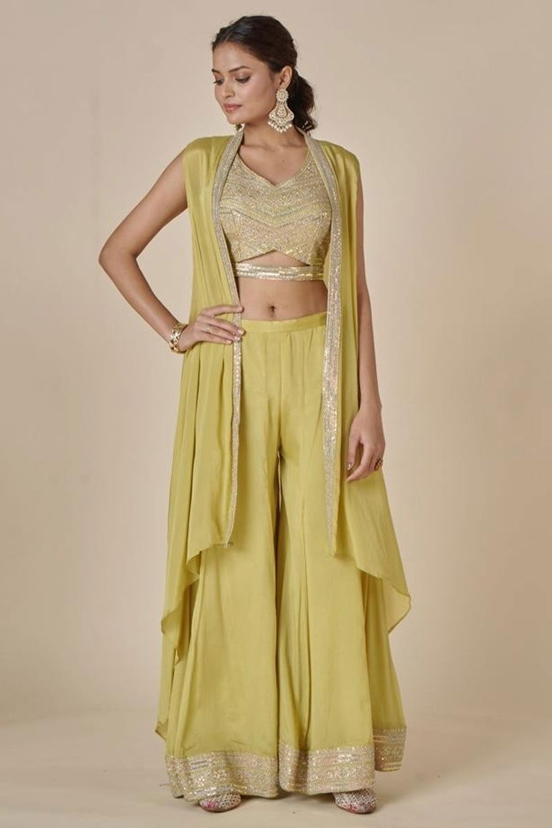 Mehandi Green Embroidered Satin Tank Top with Wide Pants and Full Shrug - Mayrake - 
