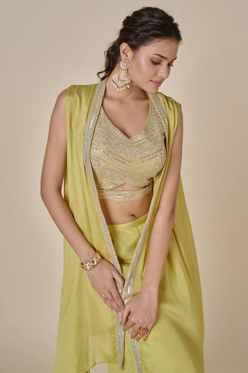 Mehandi Green Embroidered Satin Tank Top with Wide Pants and Full Shrug - Mayrake - 