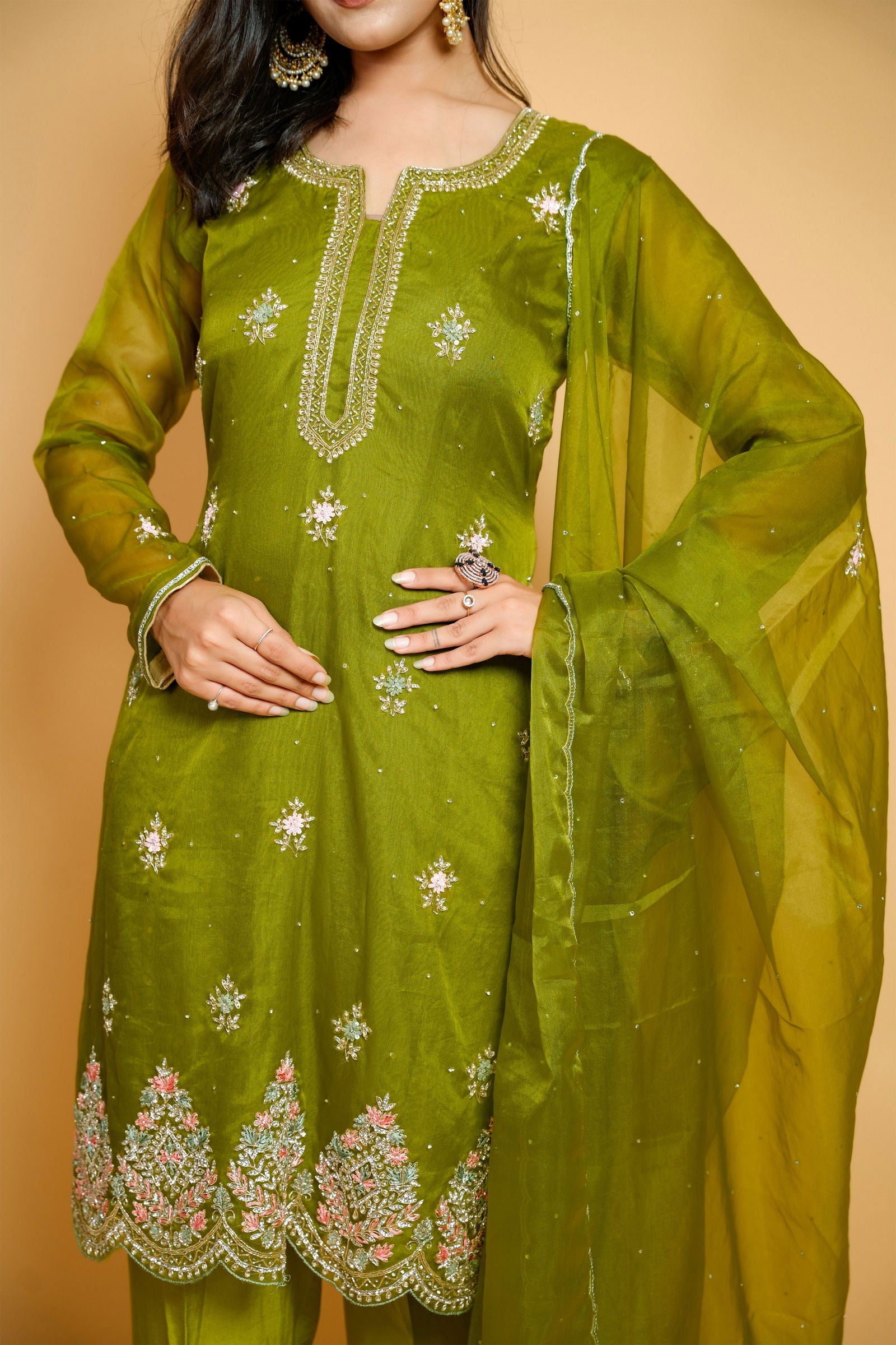 Mehandi Green Organza Handwork Zardozi Suit - Mayrake.in