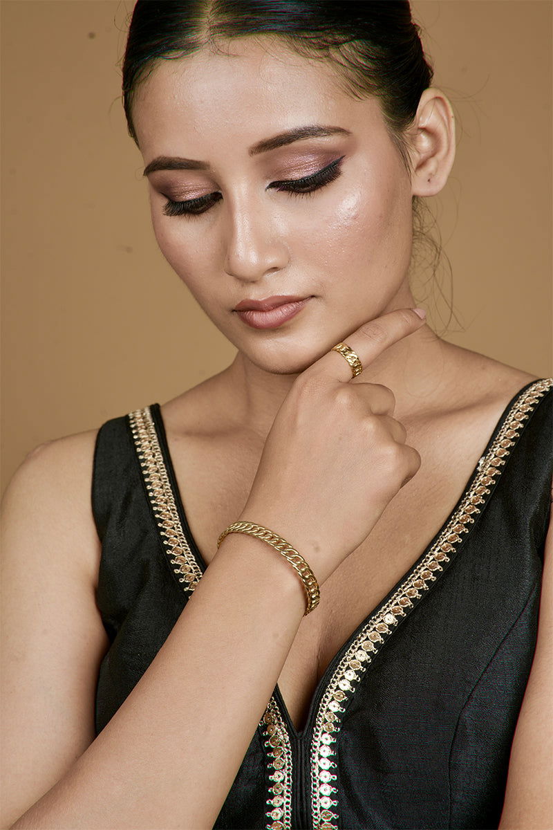 Metallic Check Cuff Bracelet with Matching Ring - Mayrake