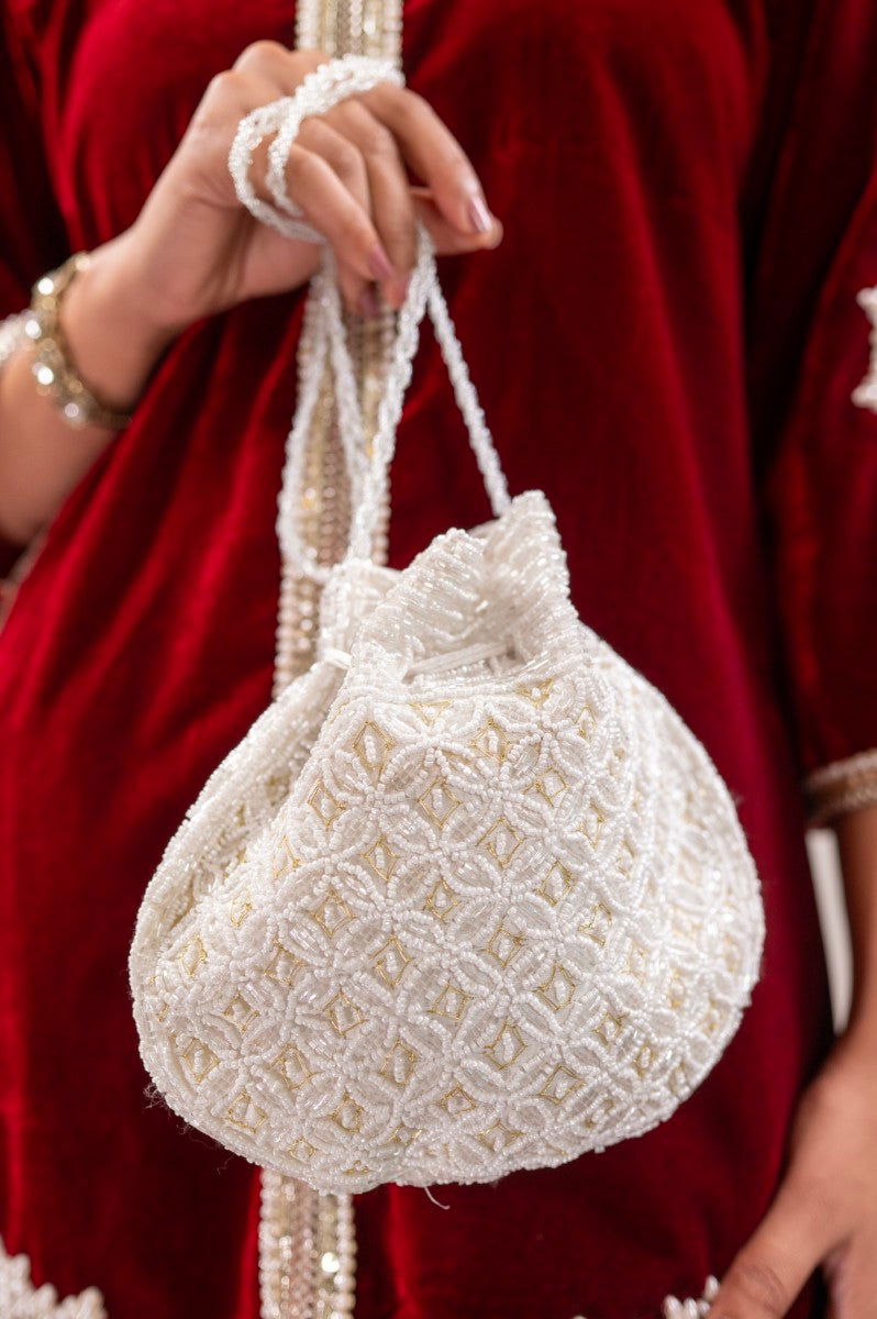 Milky White Potli with Pearl and Golden Thread Work - Mayrake.in