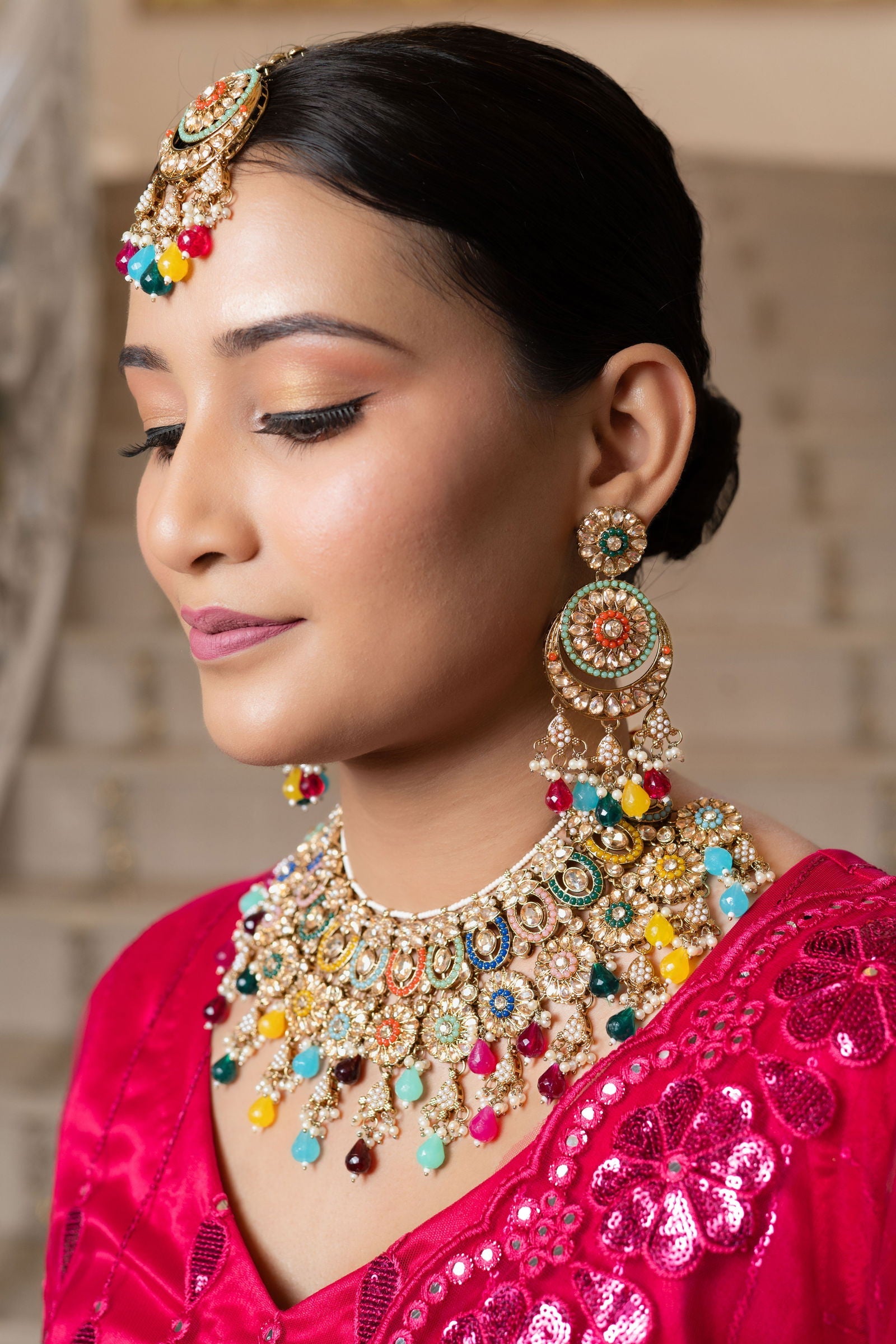 Multi Color Heavy Necklace Set With Color Full stones And Beads Along With Maang Tikka - Mayrake.in