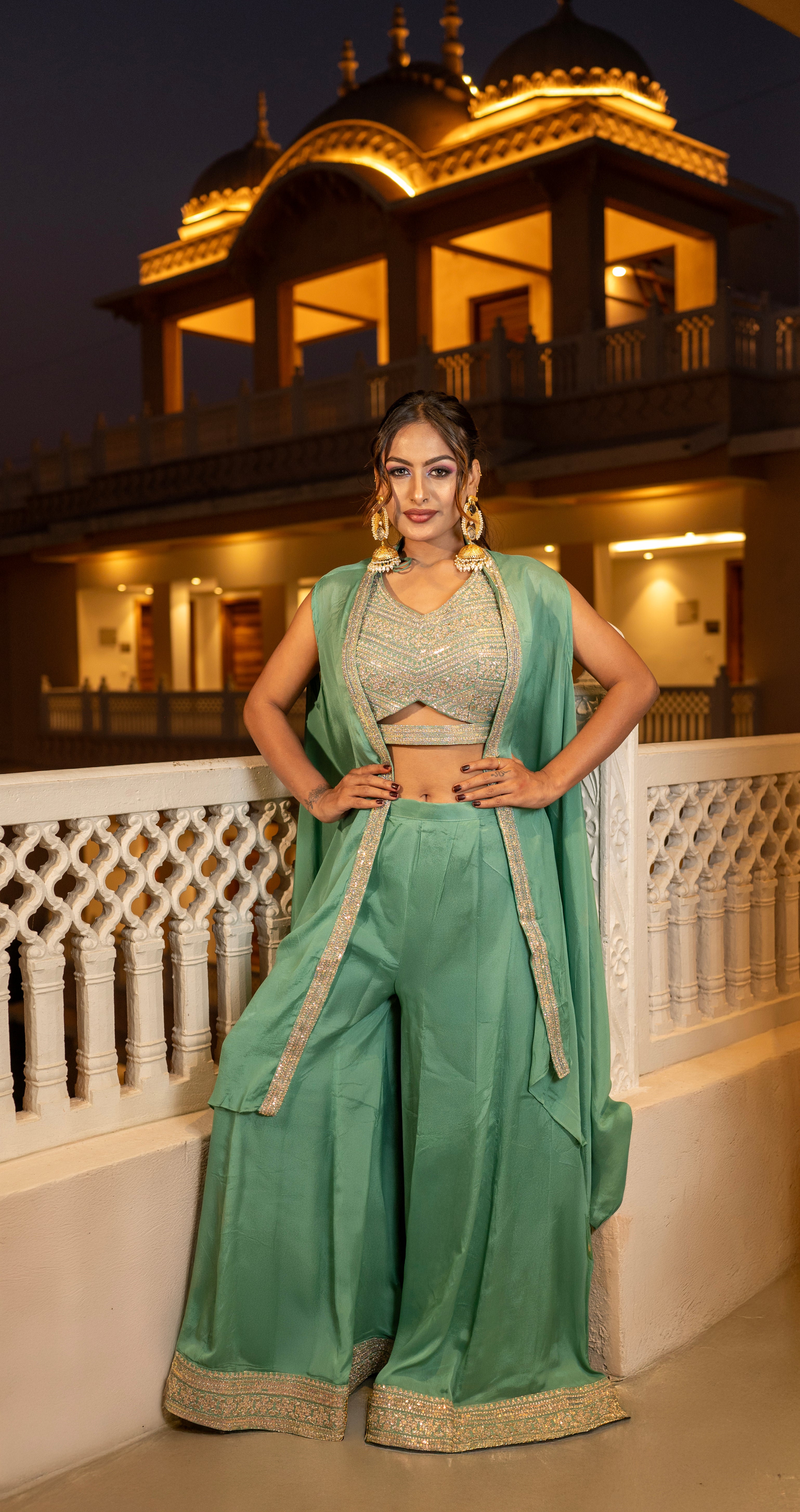 Mehandi Green Embroidered Silk Tank Top with Palazzo and Full Shrug