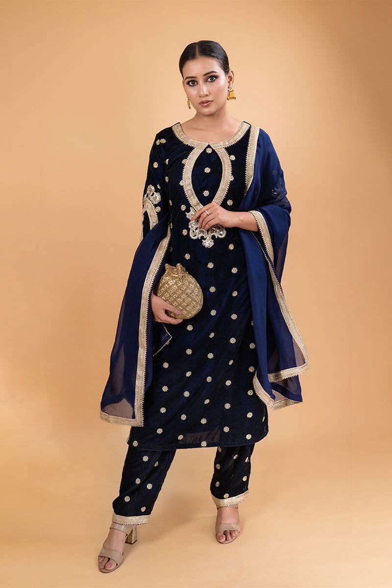 Navy Blue Velvet Embriodered Suit - Mayrake.in