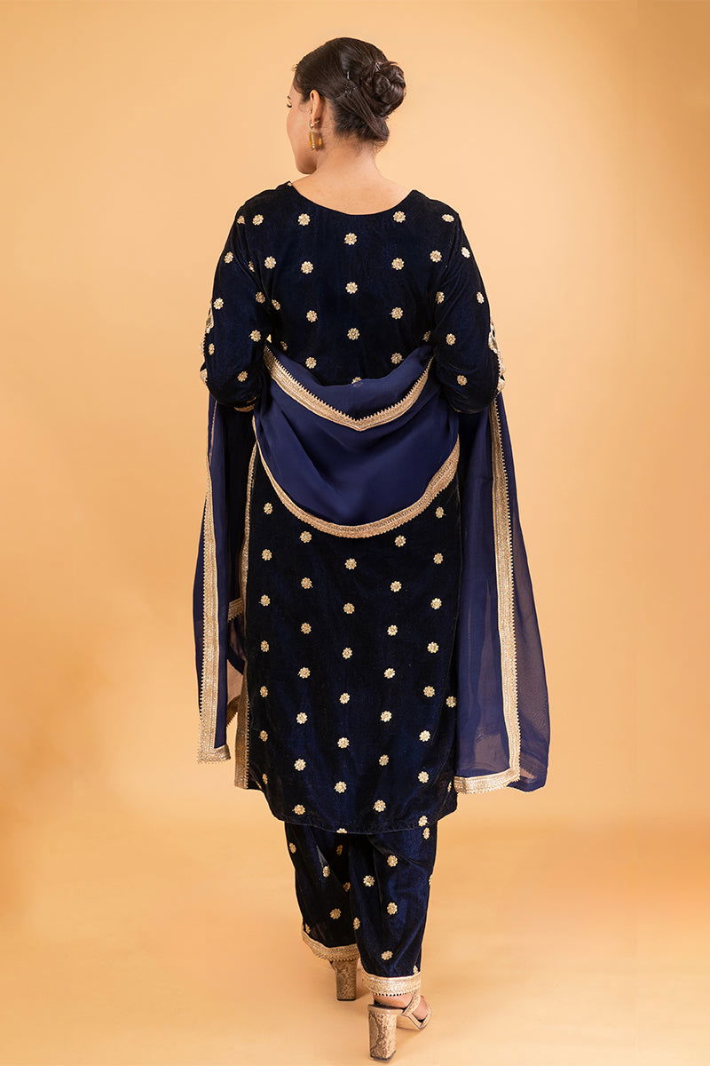 Navy Blue Velvet Embriodered Suit - Mayrake.in
