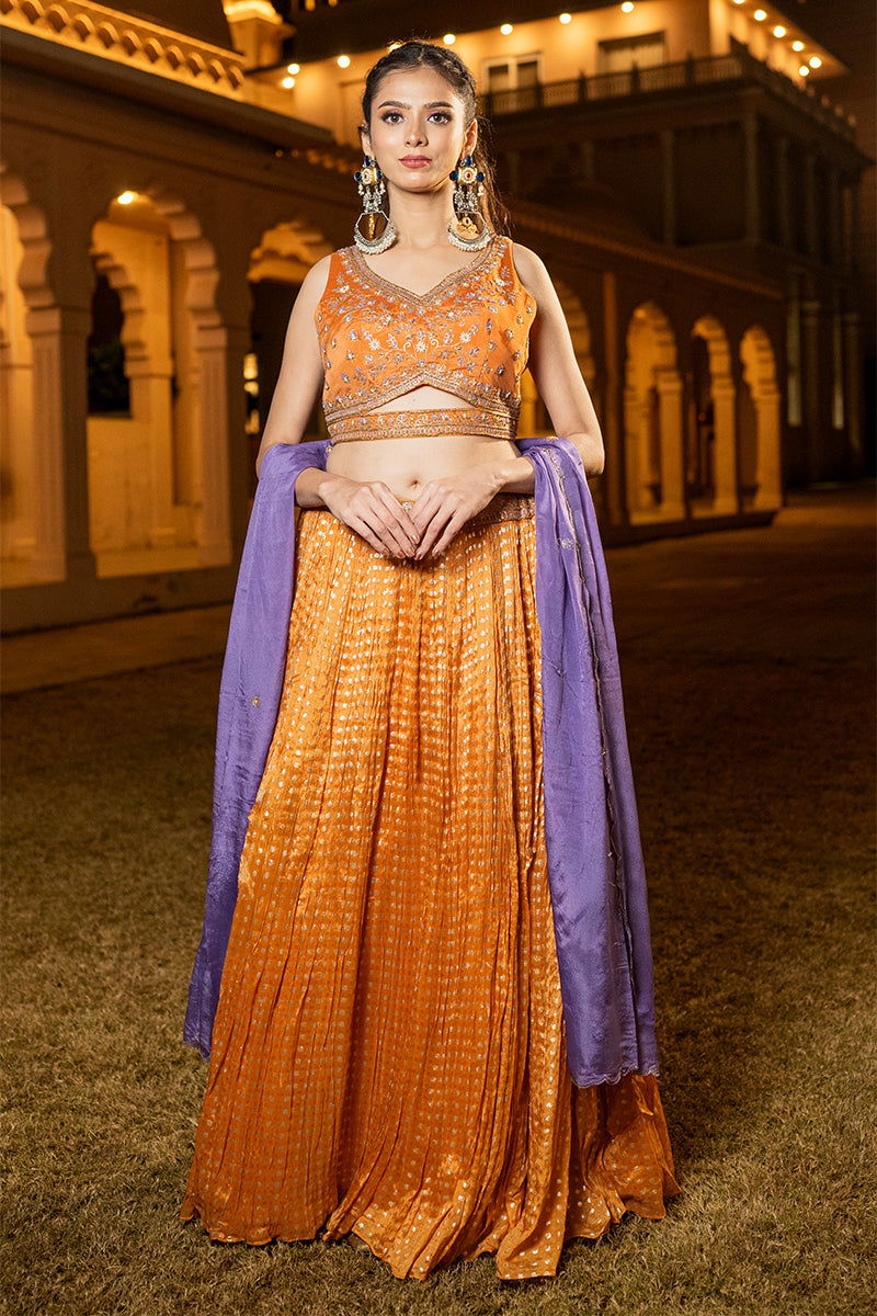 Orange Buti Skirt with Zardosi Crop Top and Matching Embroidered Contrast Dupatta - Mayrake - 