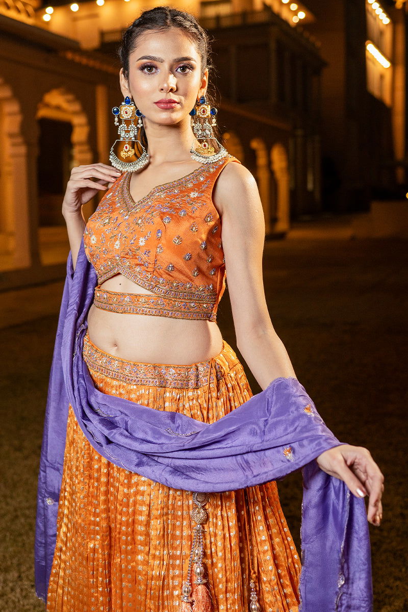 Orange Buti Skirt with Zardosi Crop Top and Matching Embroidered Contrast Dupatta - Mayrake - 