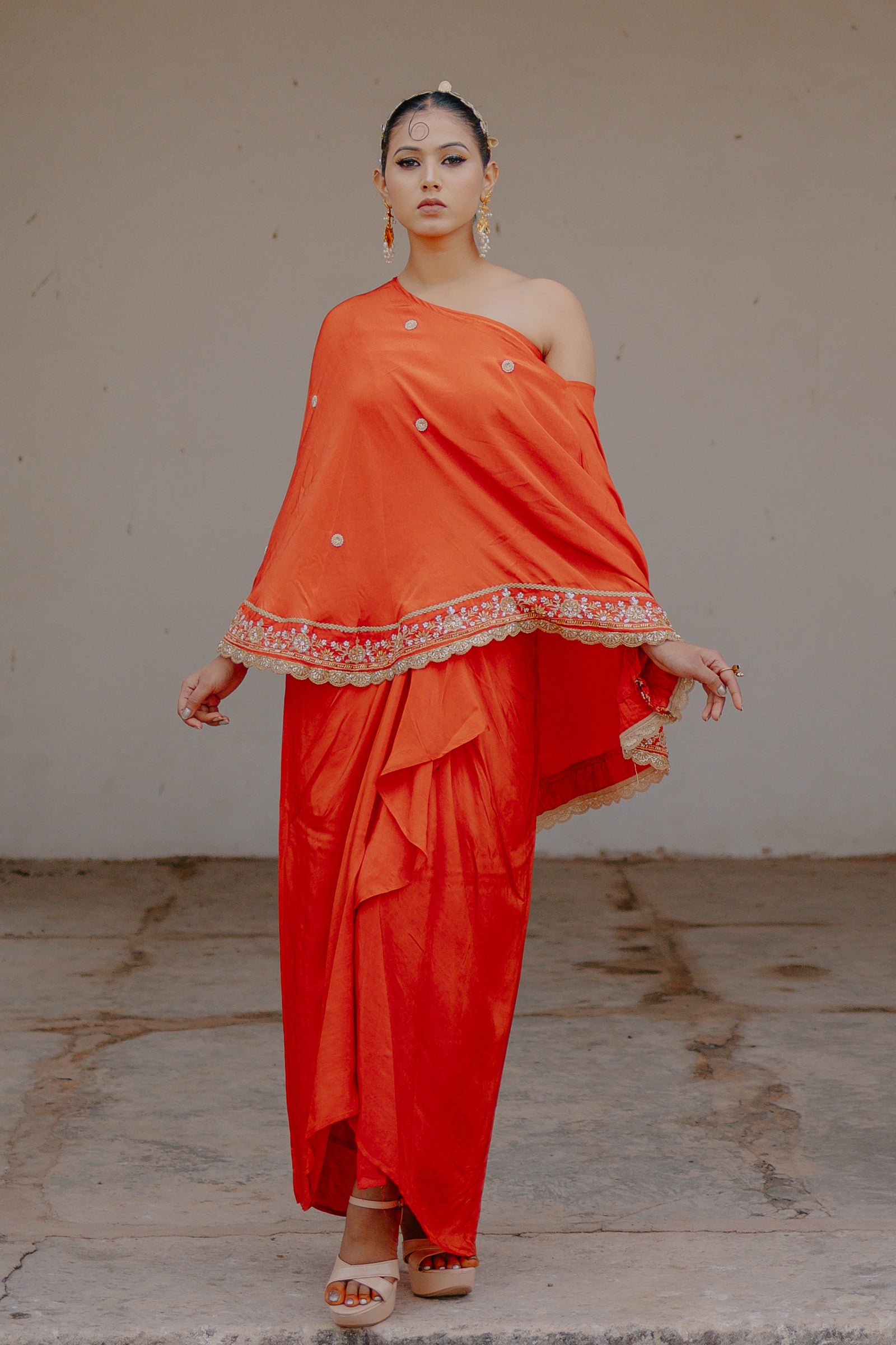 Orange Crepe Silk 3-Piece Indo-Western Dhoti Pattern Set with Top