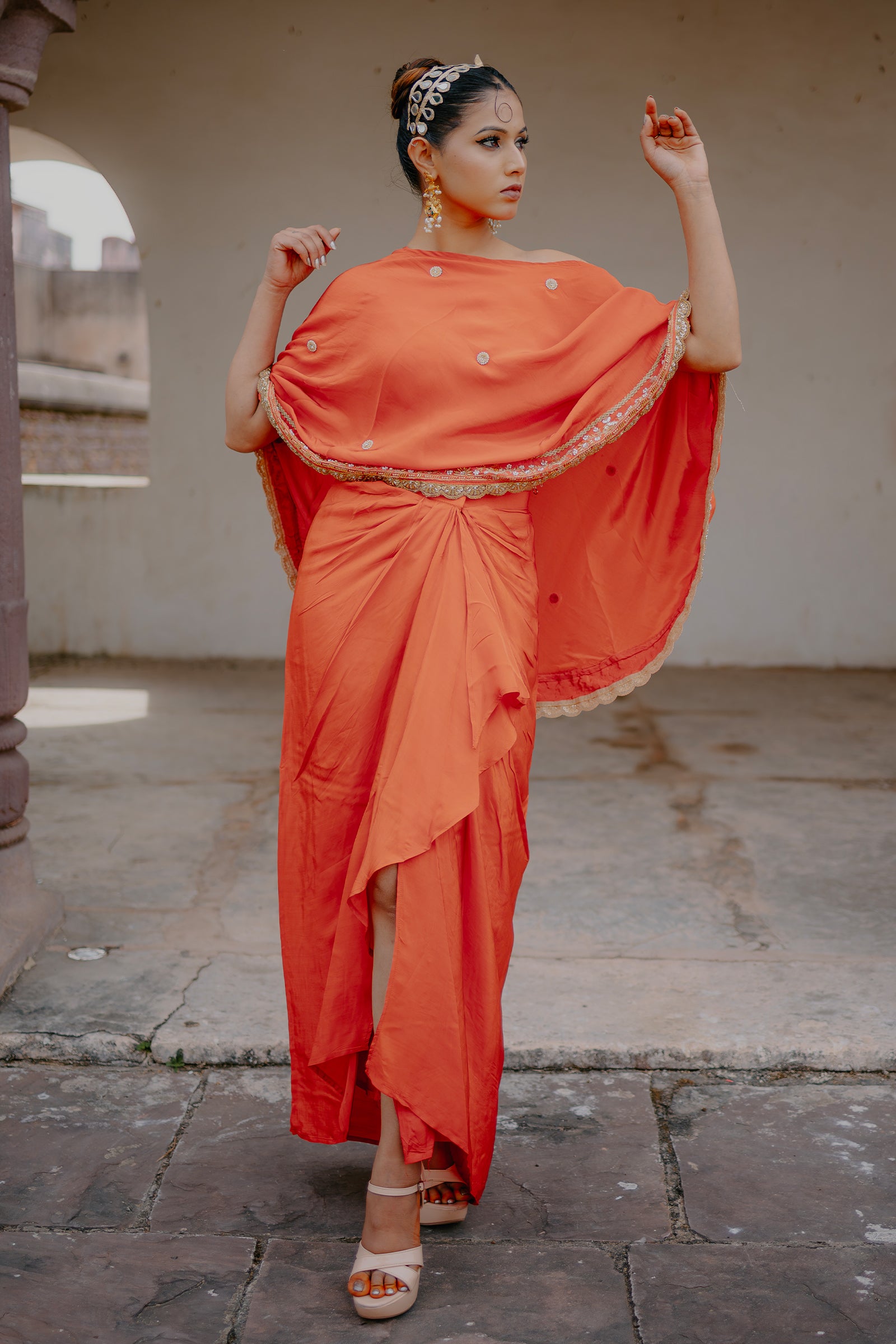 Orange Crepe Silk 3-Piece Indo-Western Dhoti Pattern Set with Top