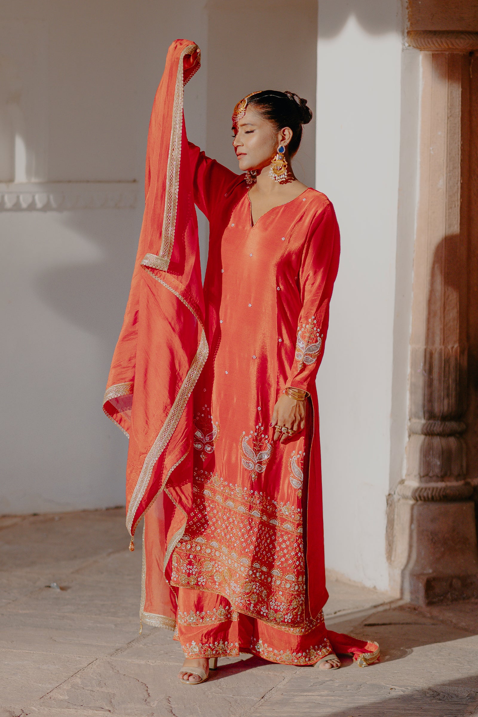 Orange Crepe Silk Full-Sleeve Long Kurta Sharara Set with Dupatta