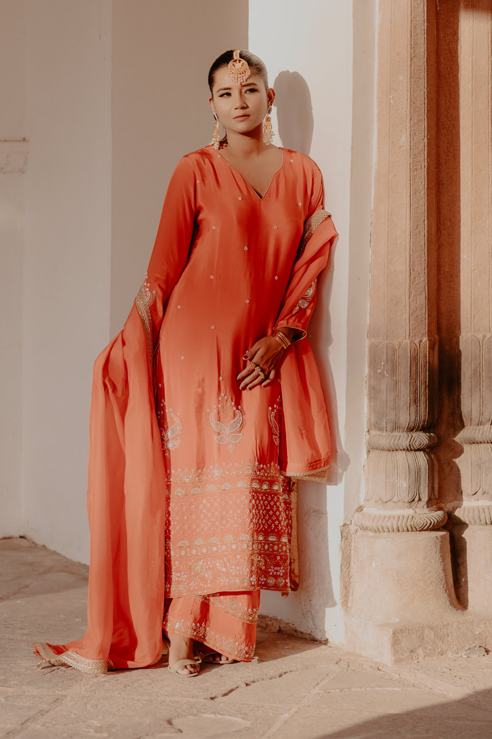 Orange Crepe Silk Full-Sleeve Long Kurta Sharara Set with Dupatta