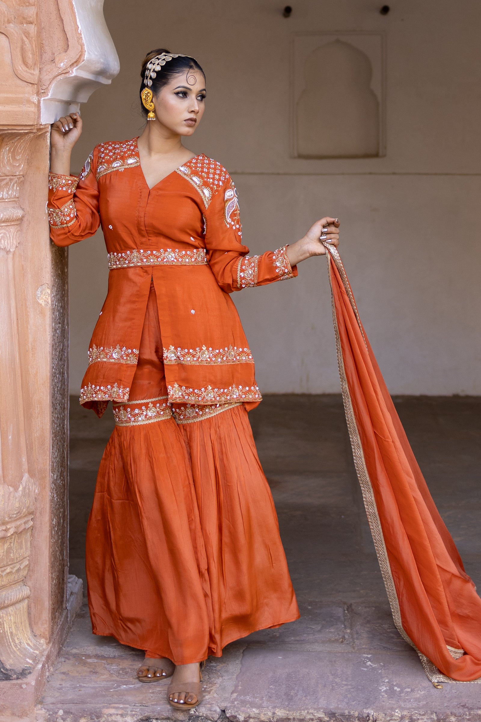 Orange Crepe Silk Full-Sleeve Long Top with Belt & Gharara Set