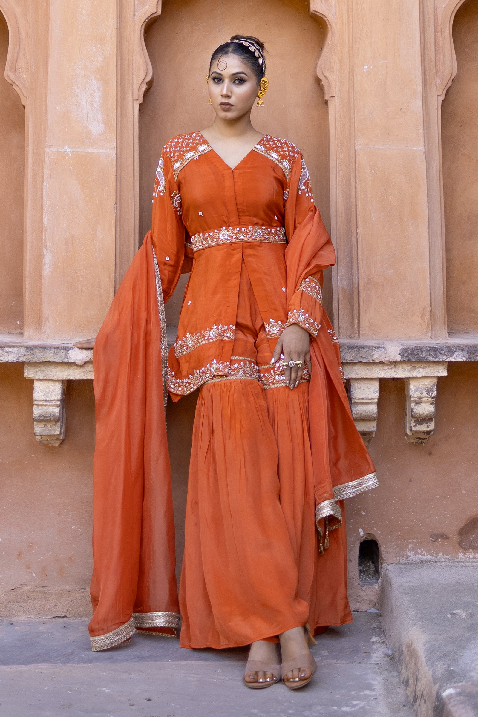 Orange Crepe Silk Full-Sleeve Long Top with Belt & Gharara Set
