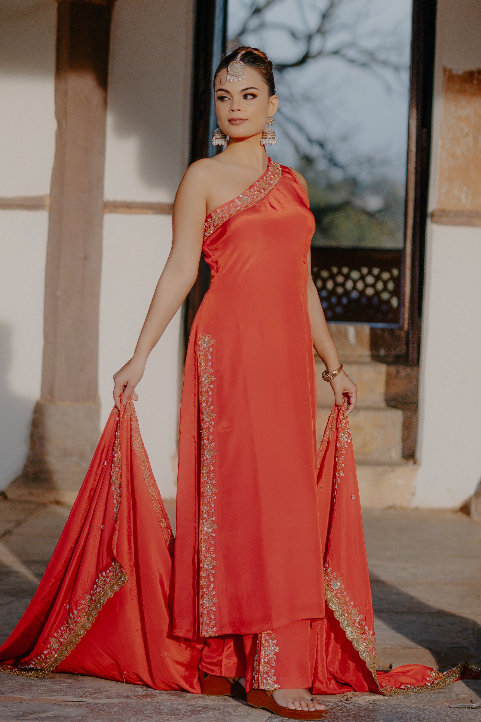 Orange Crepe Silk Off-Shoulder Kurta Pant Set