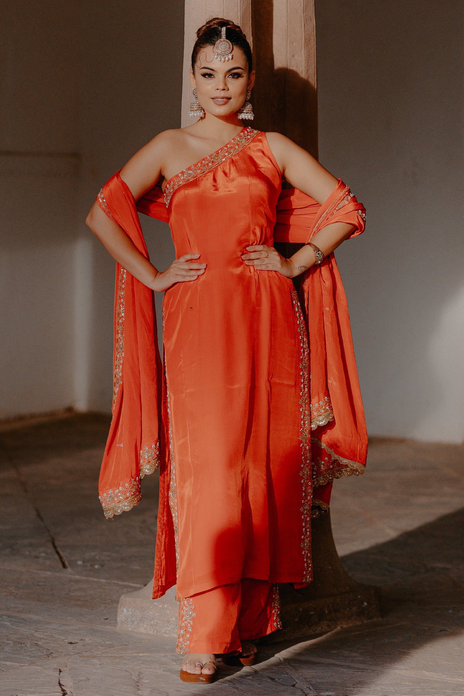 Orange Crepe Silk Off-Shoulder Kurta Pant Set