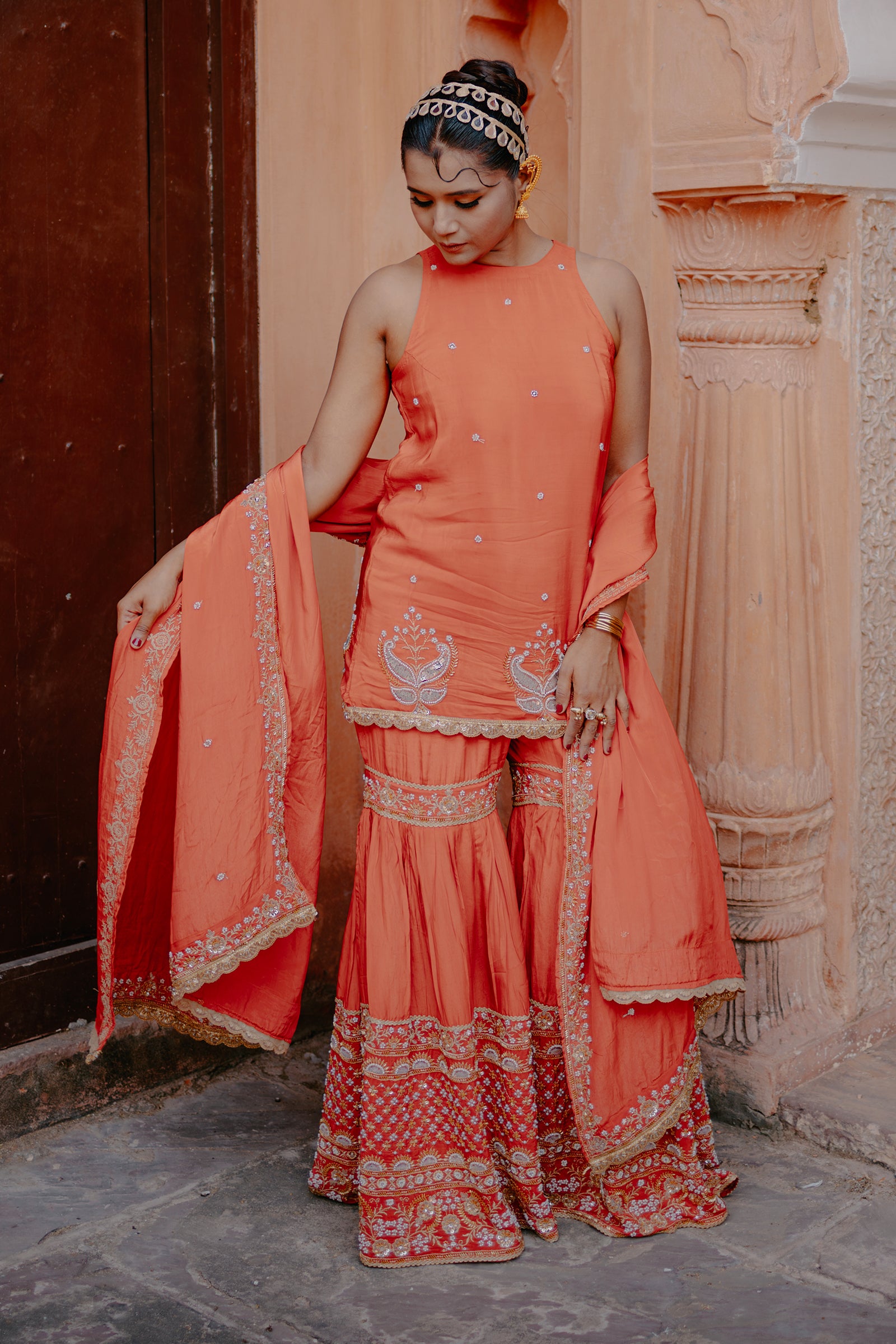 Orange Crepe Silk Sleeveless Suit with Gharara & Dupatta