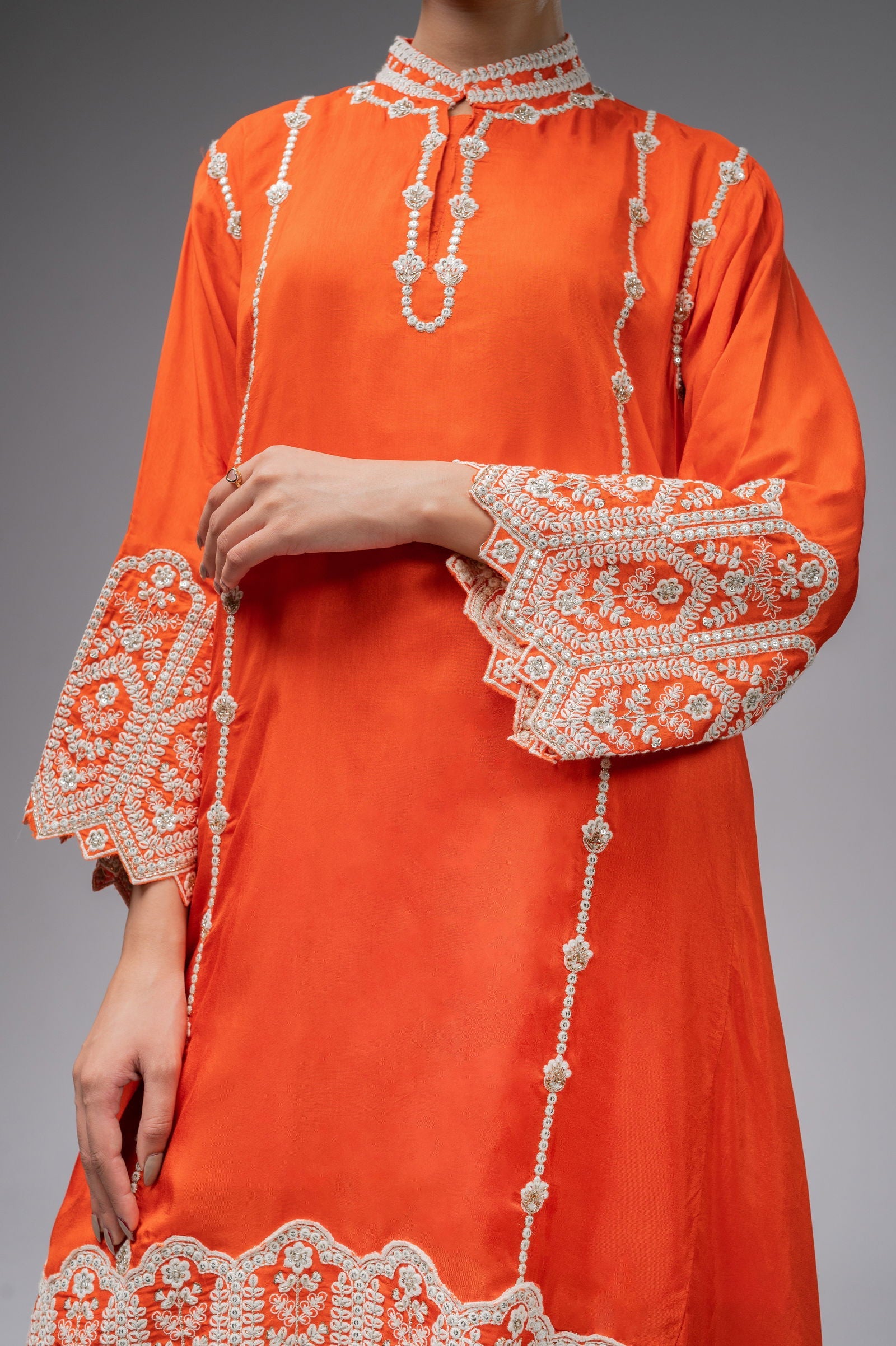 Orange Palazzo Crepe Kurta Set with Silver Embroidery - Mayrake.in