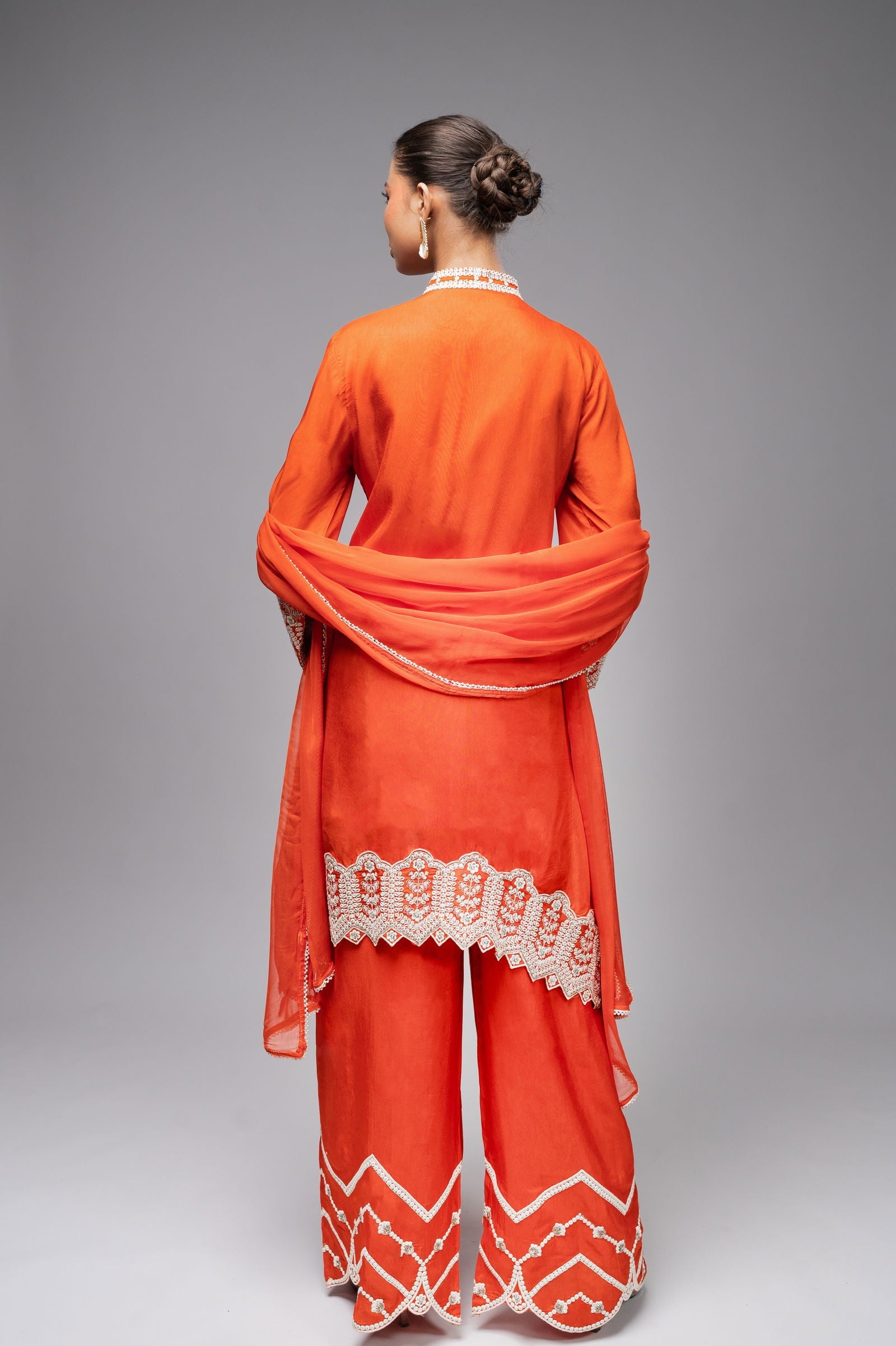 Orange Palazzo Crepe Kurta Set with Silver Embroidery - Mayrake.in