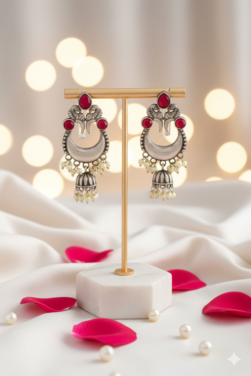 Ornate earrings on a stand with pink petals and pearls on a soft white background