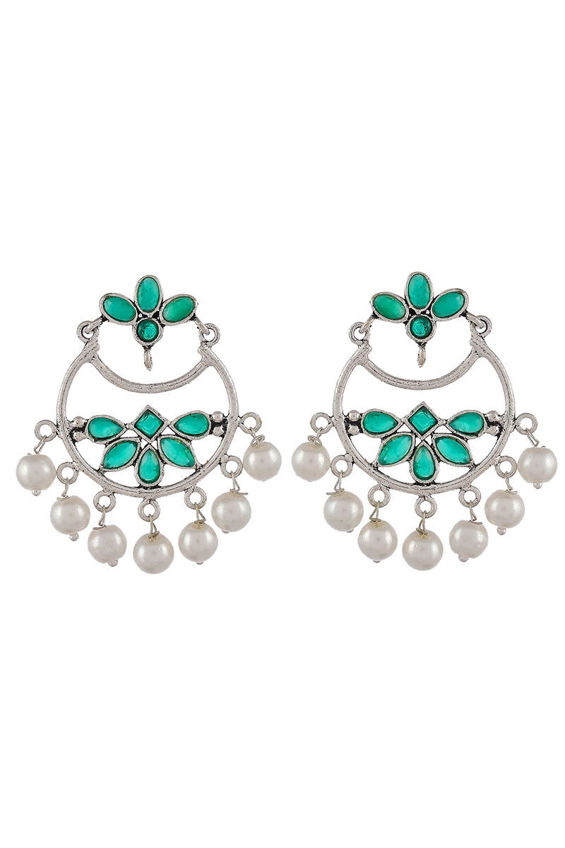 Oxidized Chand Bali with Pearls and Green Kundan - Mayrake