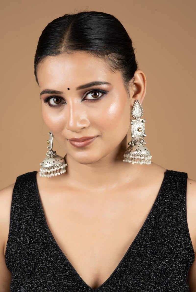 Oxidized Metal Hanging Pearls Jhumkas - Mayrake.in