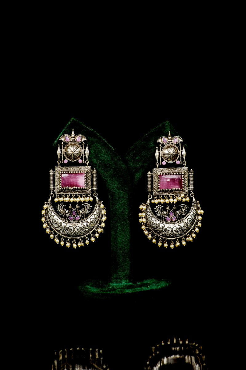 Oxidized Metal Pink Stones Hanging Pearls Chandbalis - Mayrake.in