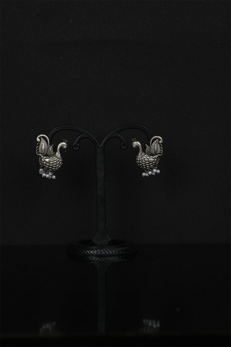 Oxidized Metallic Stud Earrings with Pearl Drop - Mayrake