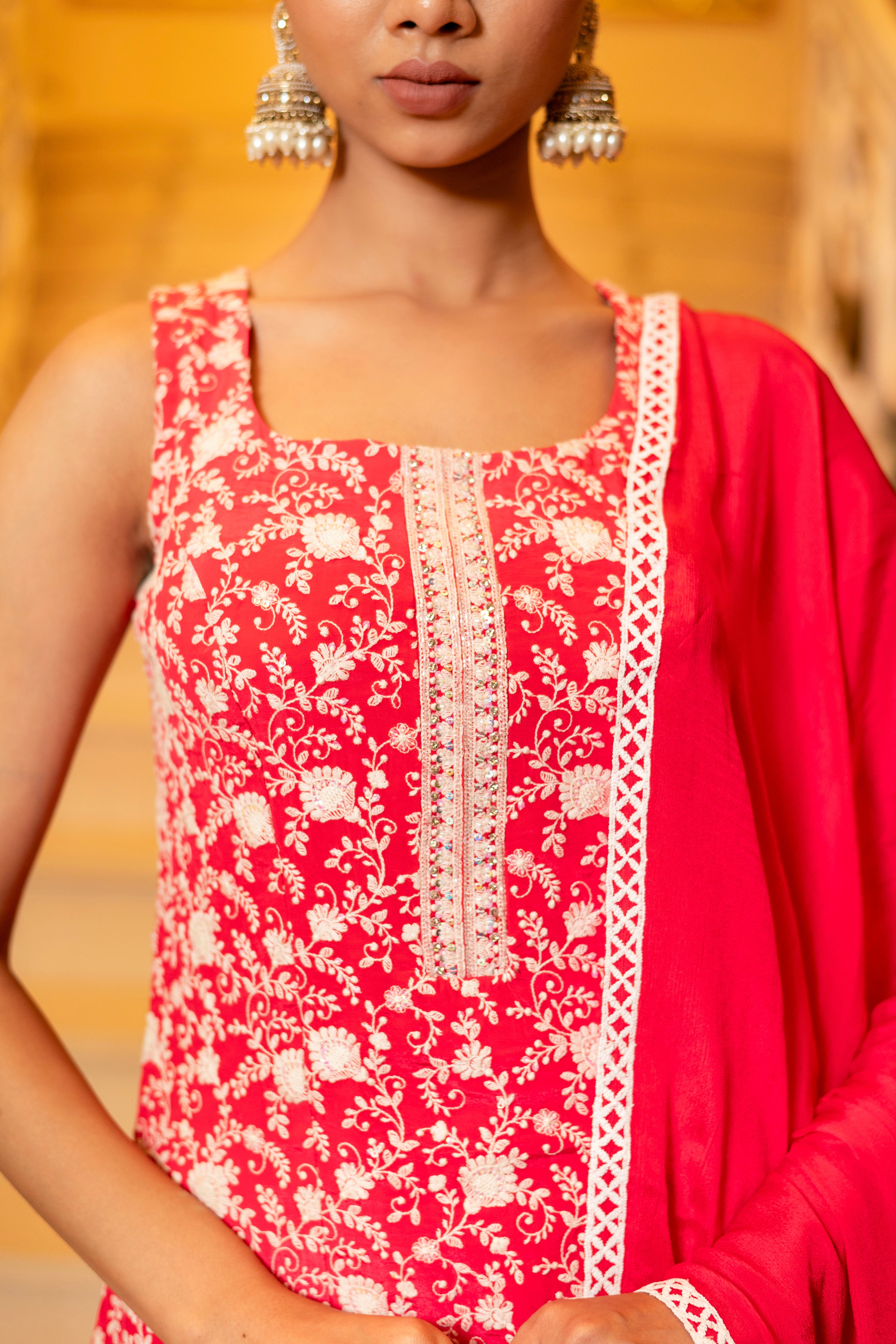 Crimson Red Pink Chiffon Chikankari Crepe Kurta and Palazzo Sets