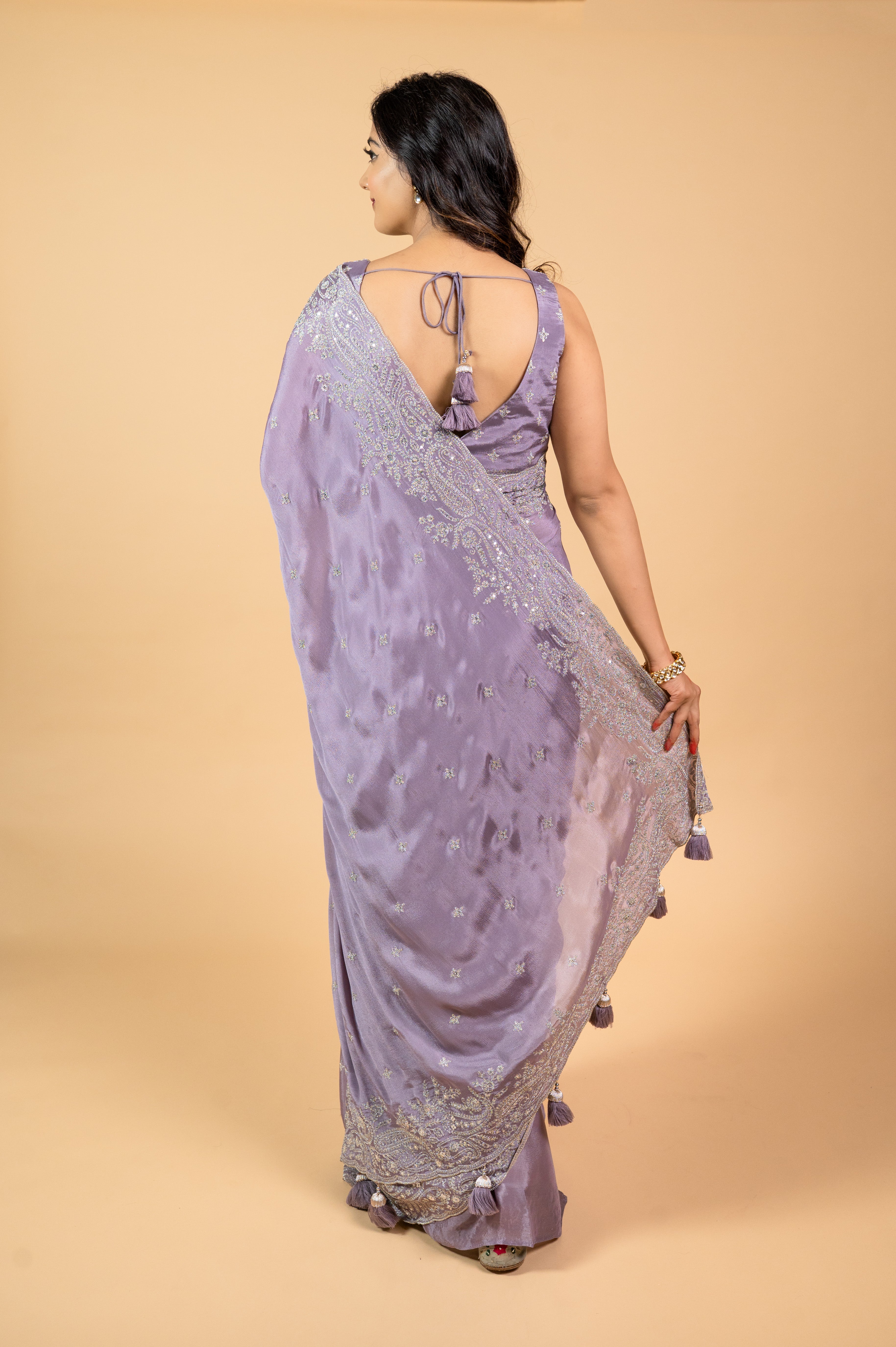 Two Blouse Concept – Lavender Purple Georgette Saree with Sequin and Zari Work