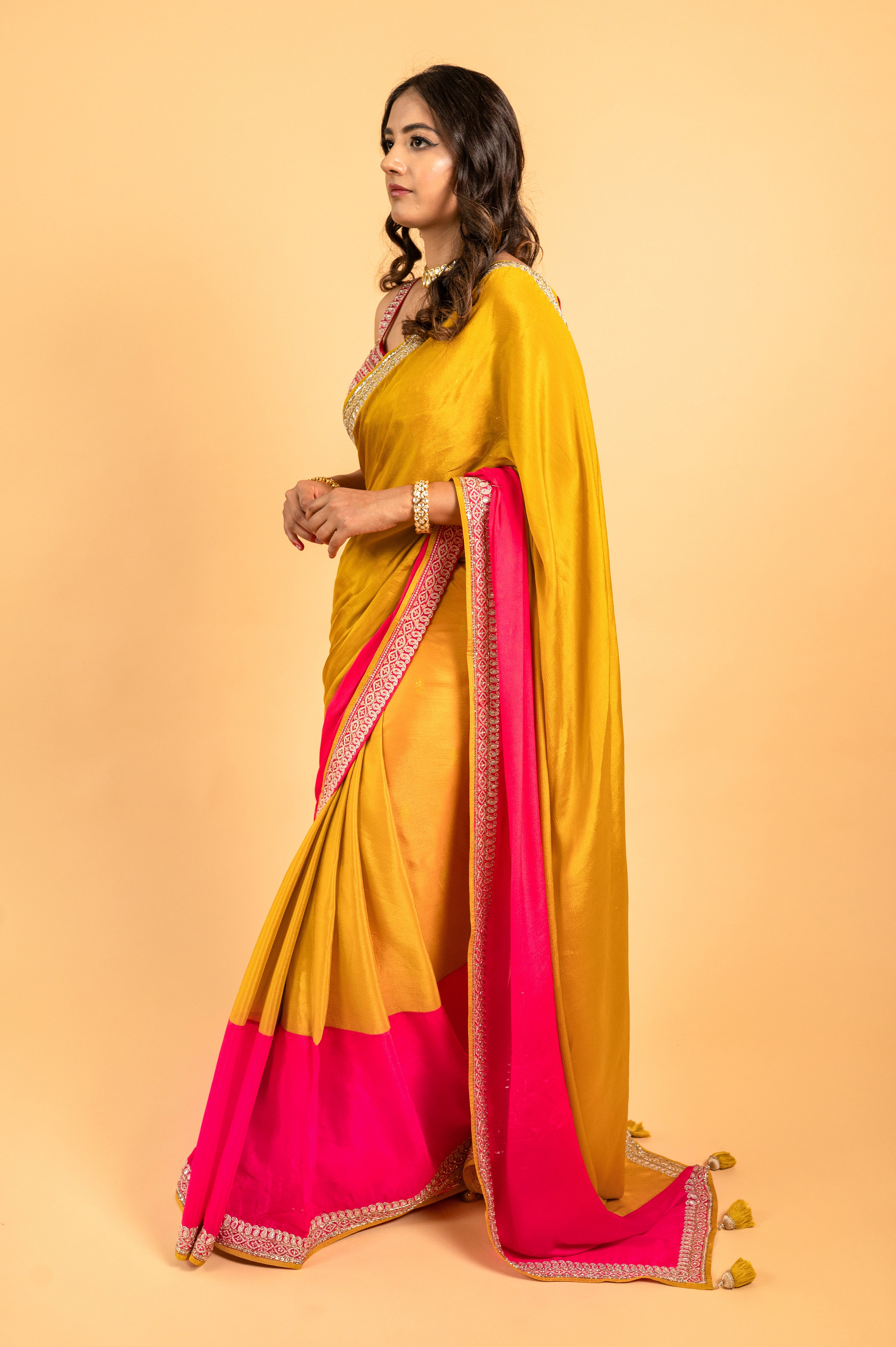 Two Blouse Concept – Yellow-Pink Tween shade Georgette Saree with Sequin Border Work