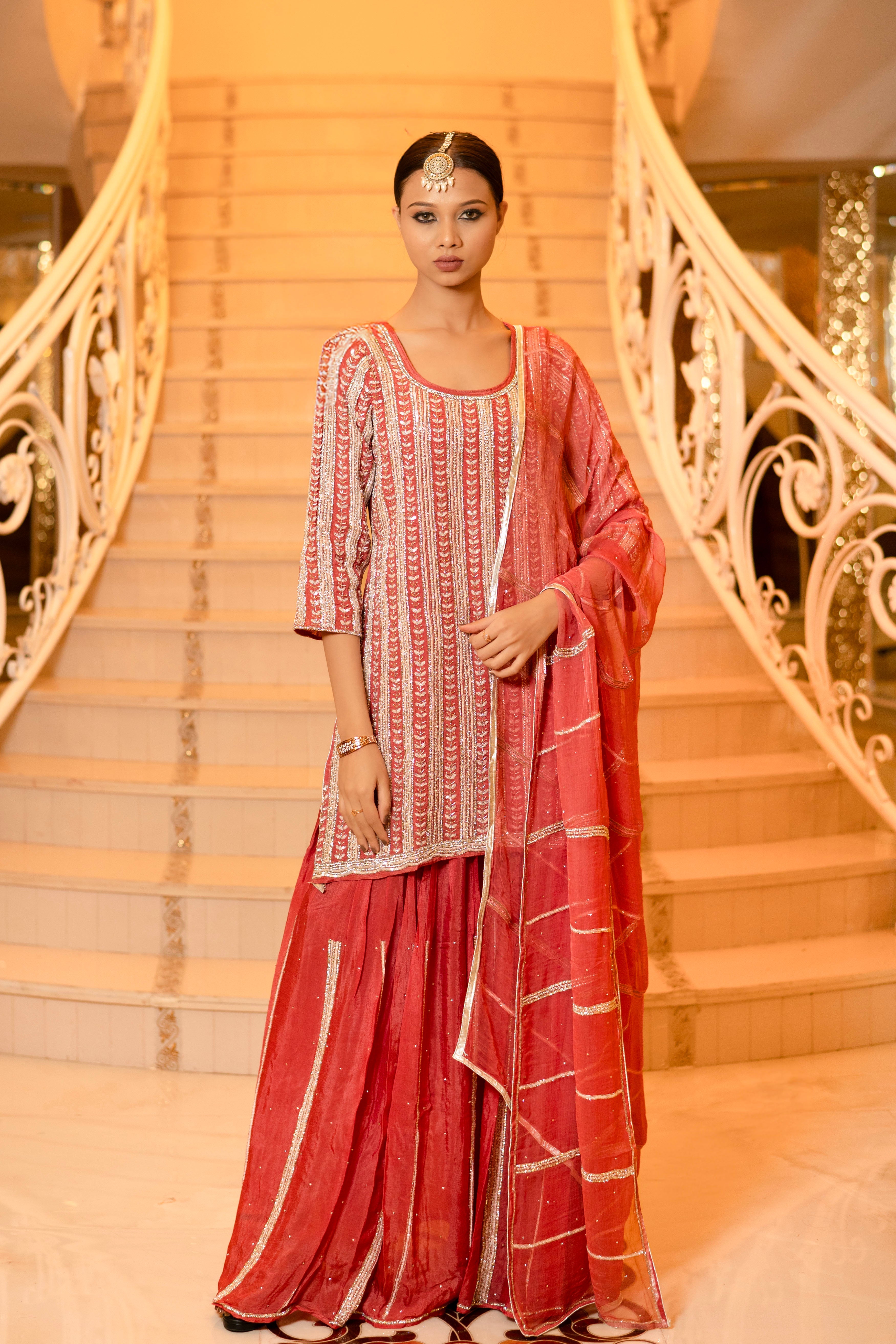 Rust Brown Georgette Handwork Zardozi Embroidered Sharara Suit