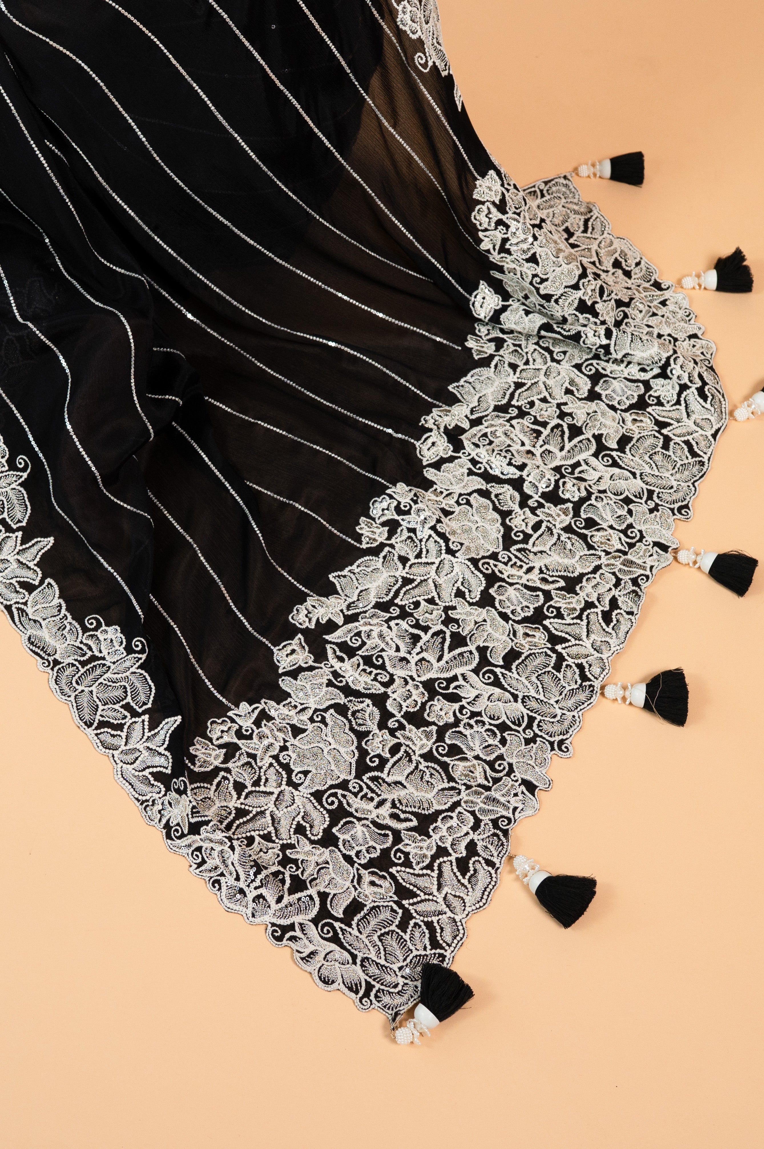 Two Blouse Concept – Black Designer Georgette Saree with White and Silver Embroidery