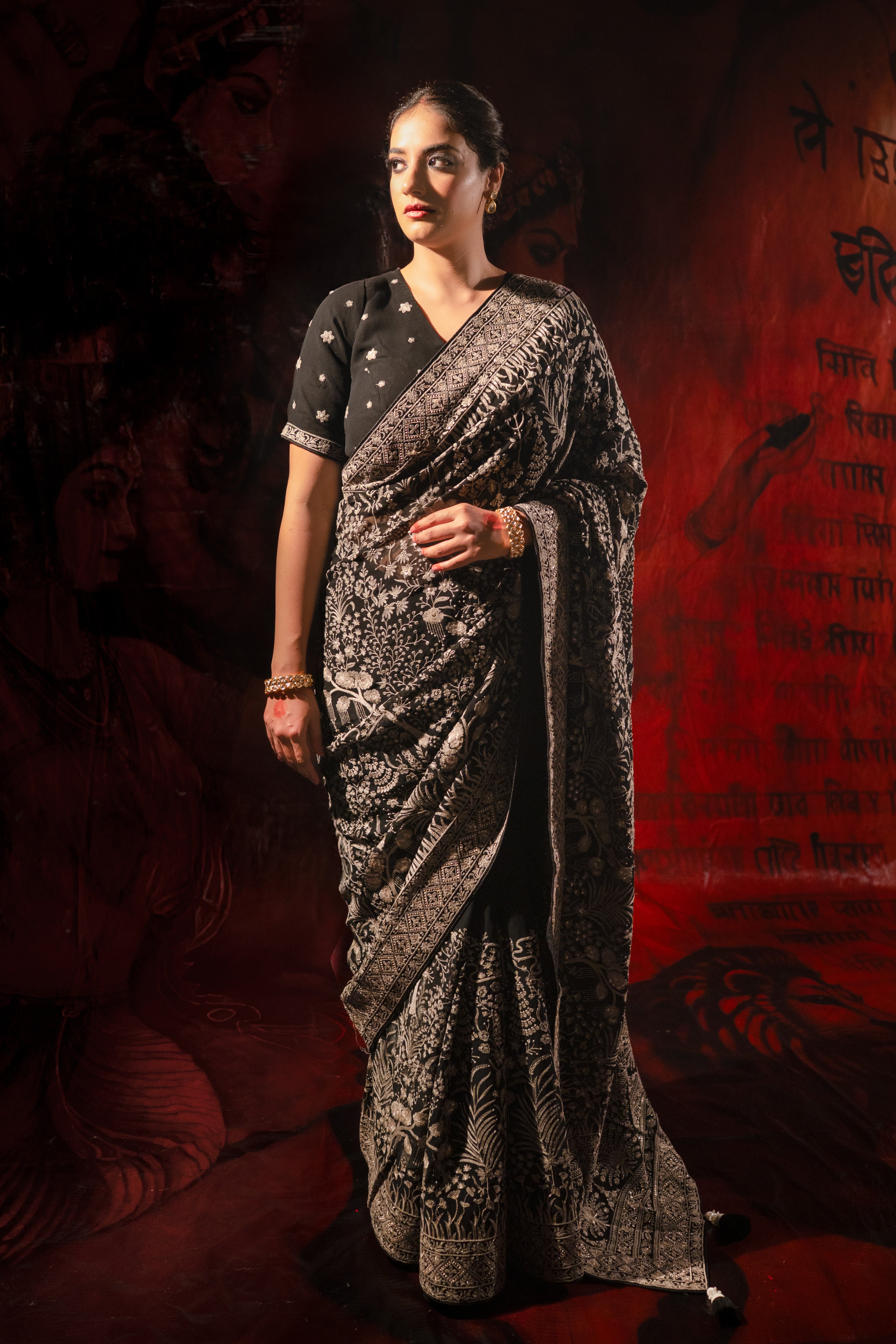 Black Lucknowi Georgette Saree with Beautiful Tassels and Zari Work