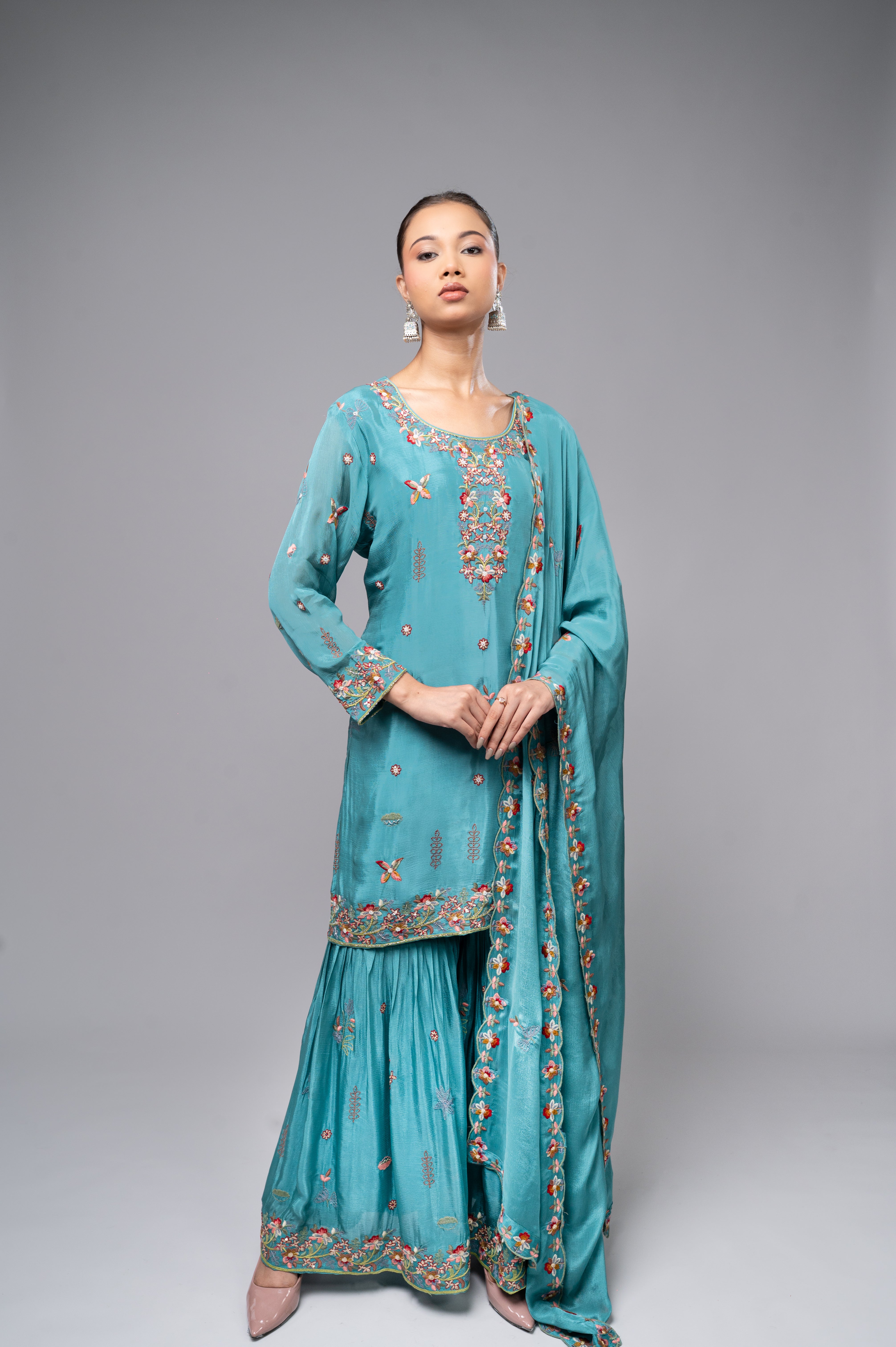 Sky Blue Garara Kurta Set with Pearl, Jarkan & Multicolor Embroidery