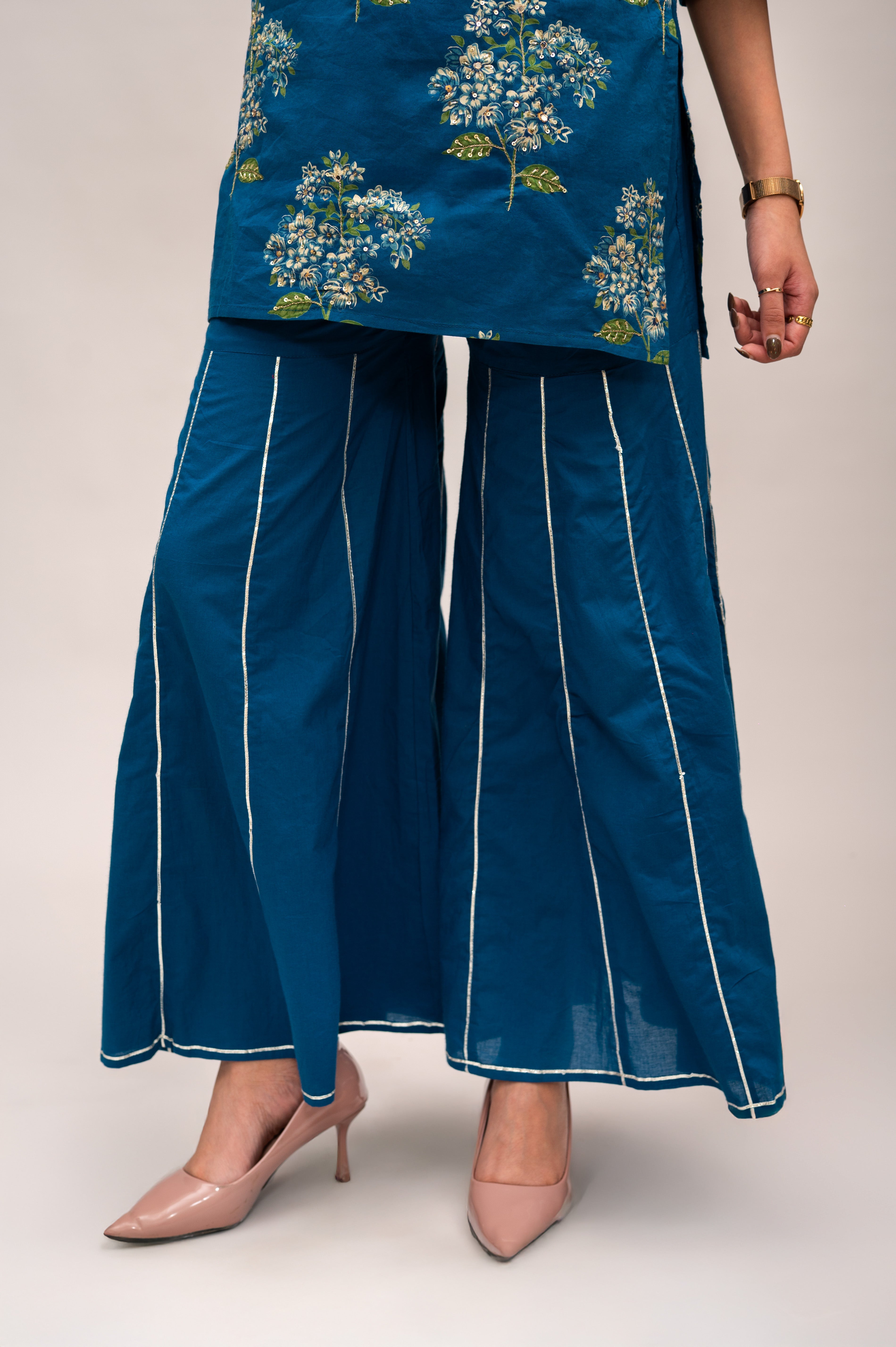 Navy Blue Mal Cotton Floral Print Sharara Suit with Mirror Embroidery