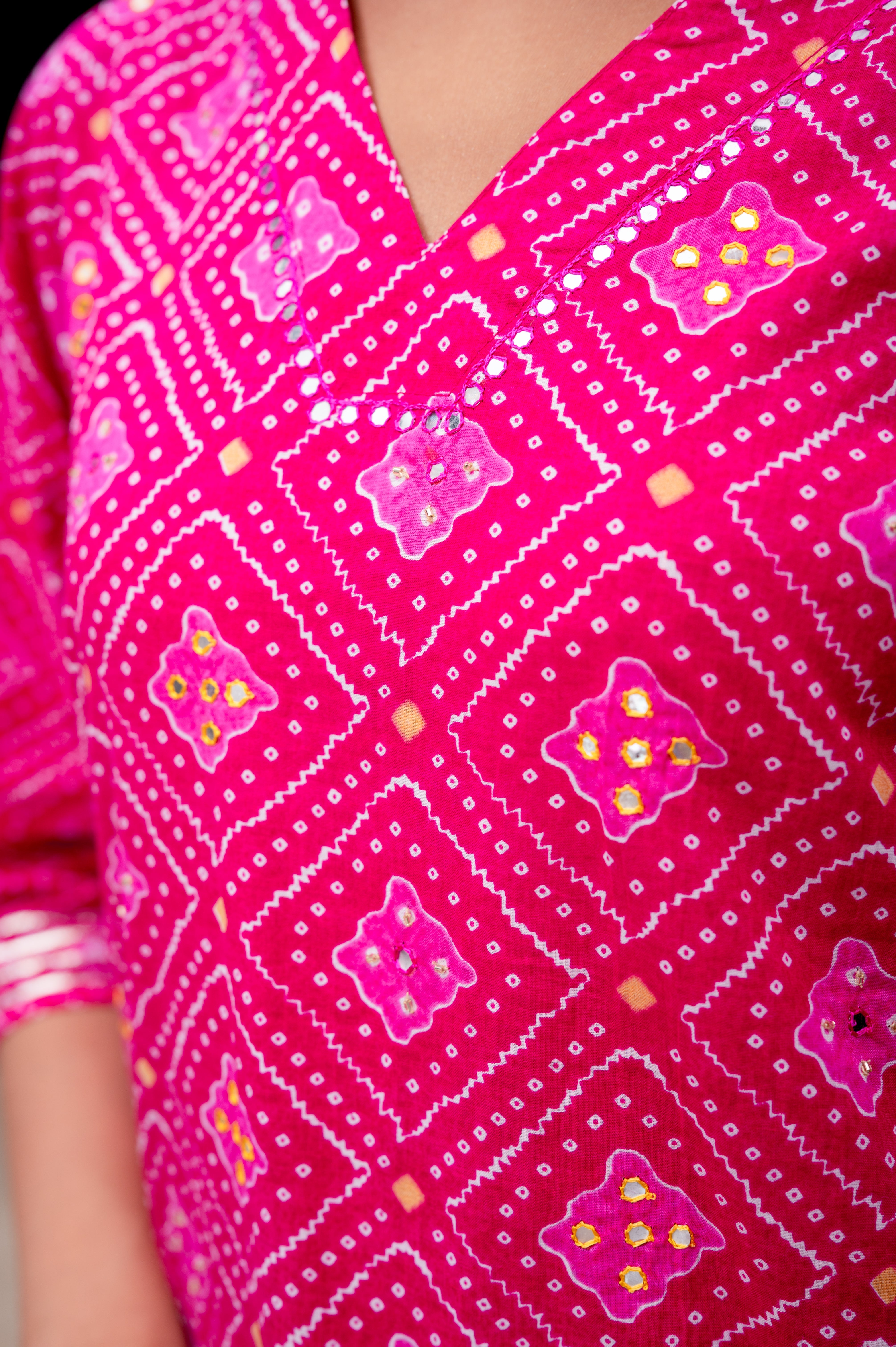 Fuchsia Pink Mal Cotton Bandhani Print Sharara Suit with Mirror Embroidery