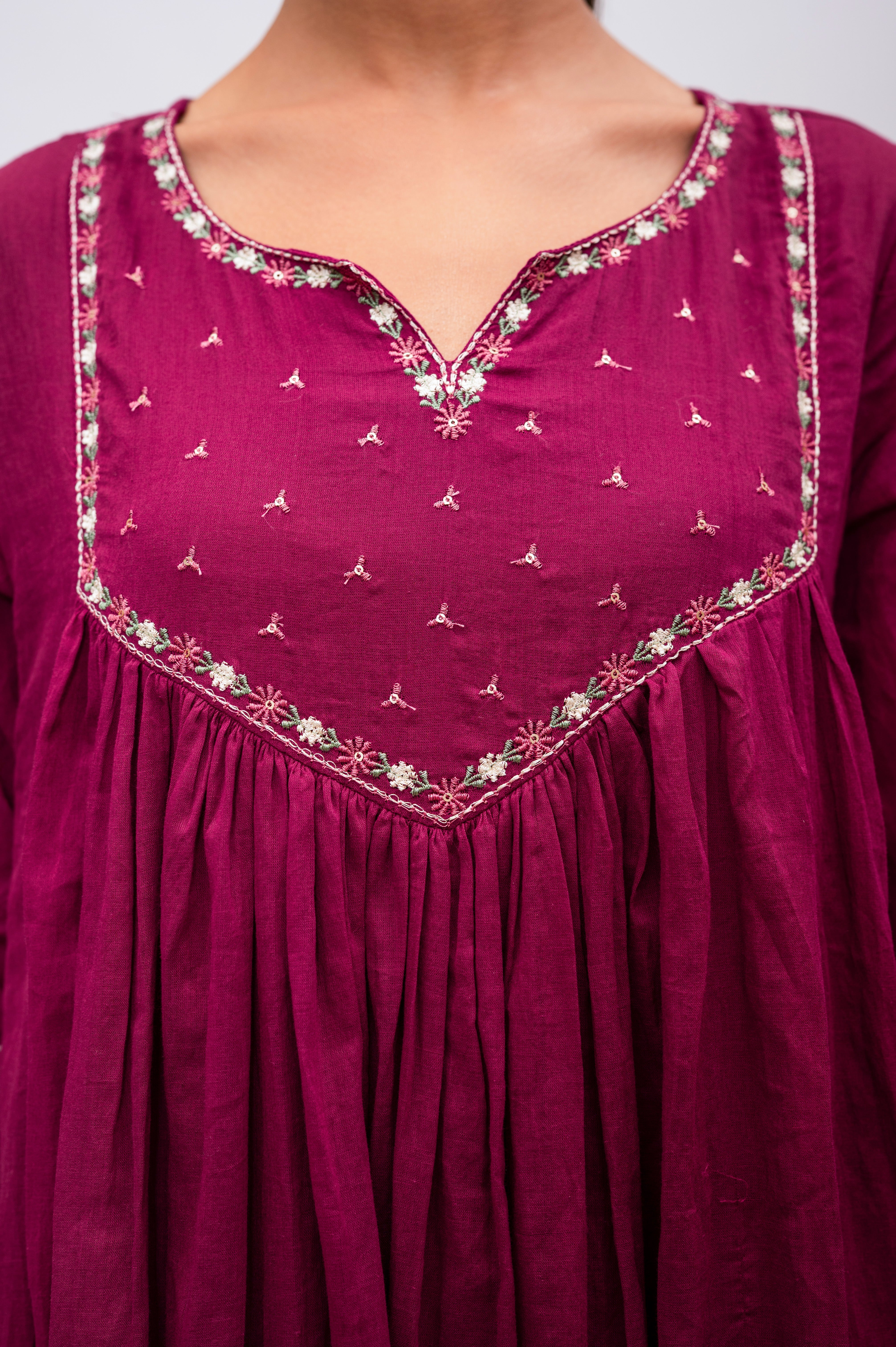 Wine Red Frock Suit with Pant & Dupatta With Thread Embroidery