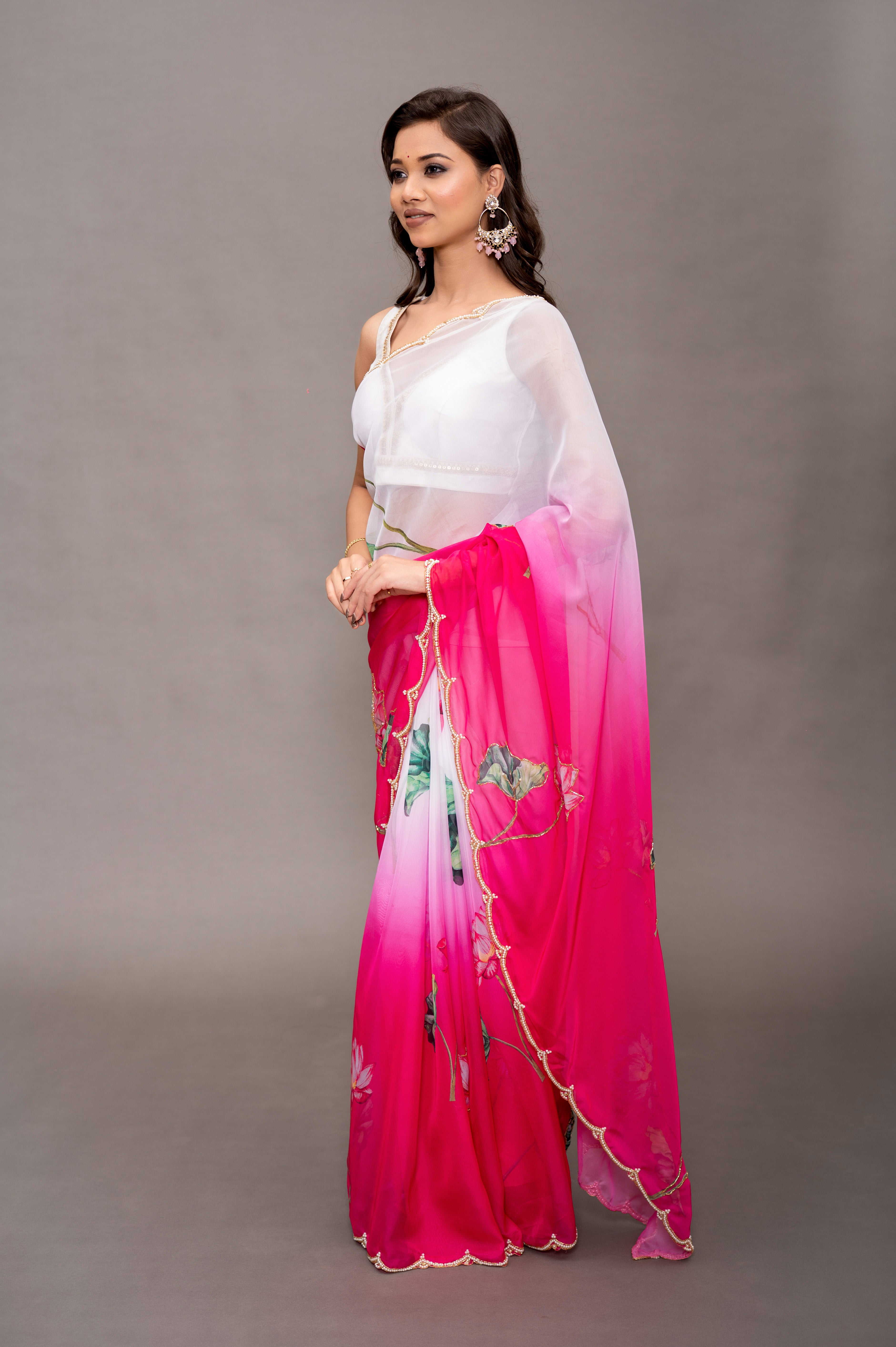 Fuchsia Pink Tebi Twin Silk Saree with Floral Digital Print & Moti Handwork Border
