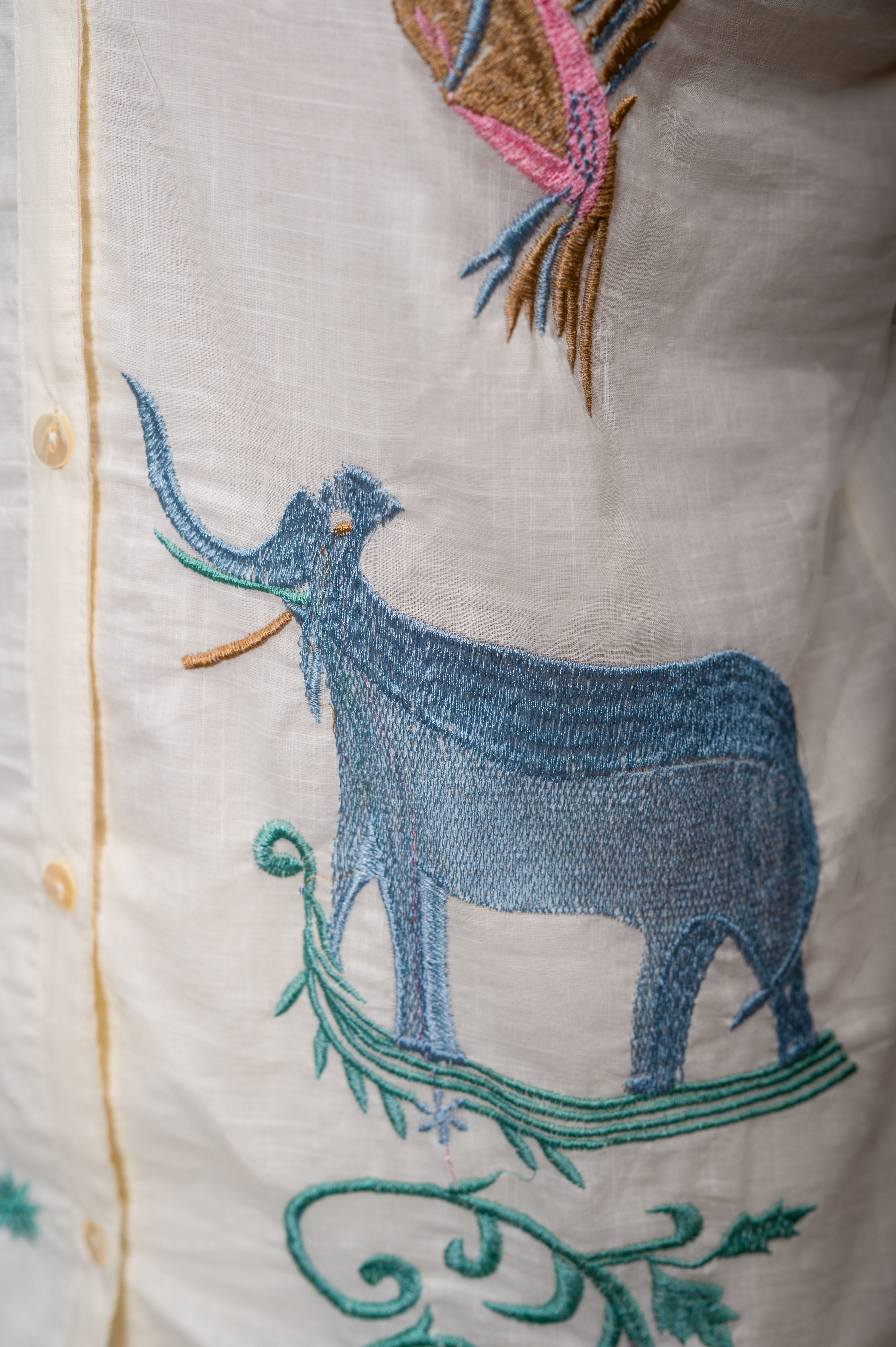 Cream White Cotton  Cord Set with Embroidery and Animal Motifs