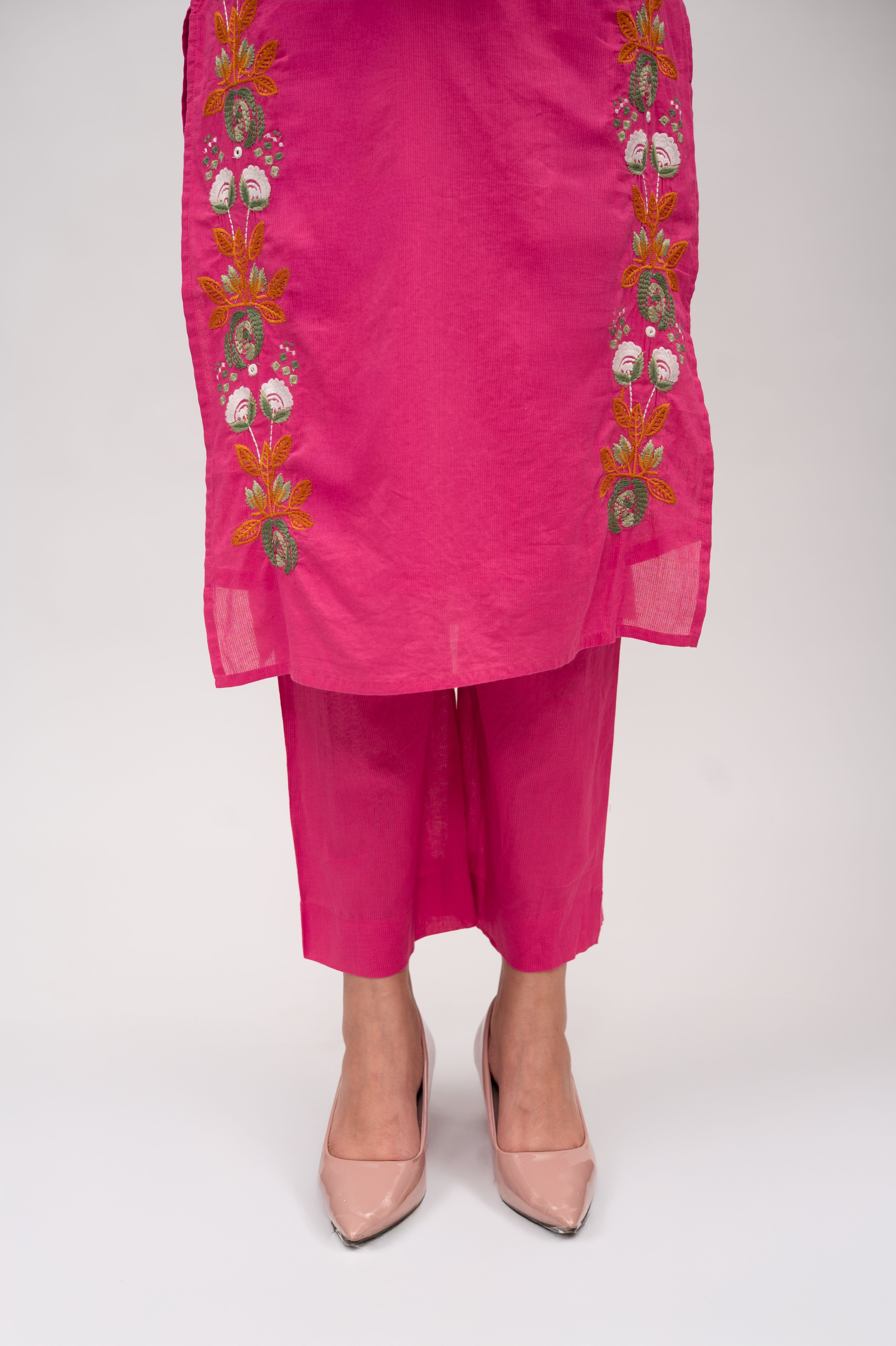 Fuchsia Pink Mal Cotton Straight Suit with Pant & Dupatta With Thread Embroidery and Mirror Work