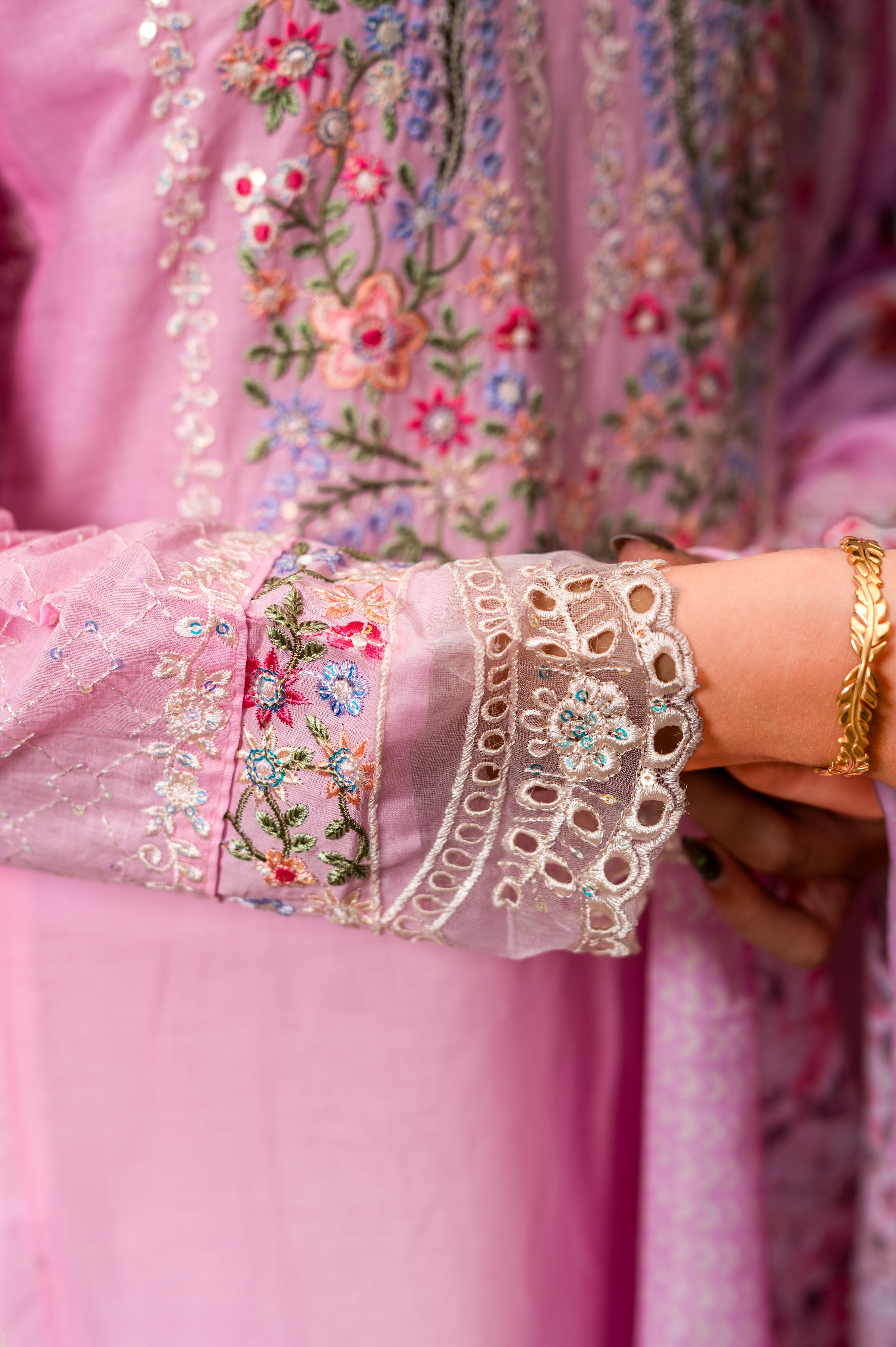 Pink Cotton Fancy Suit with Heavy Self Embroidery, Paired with a Malmal Printed Dupatta