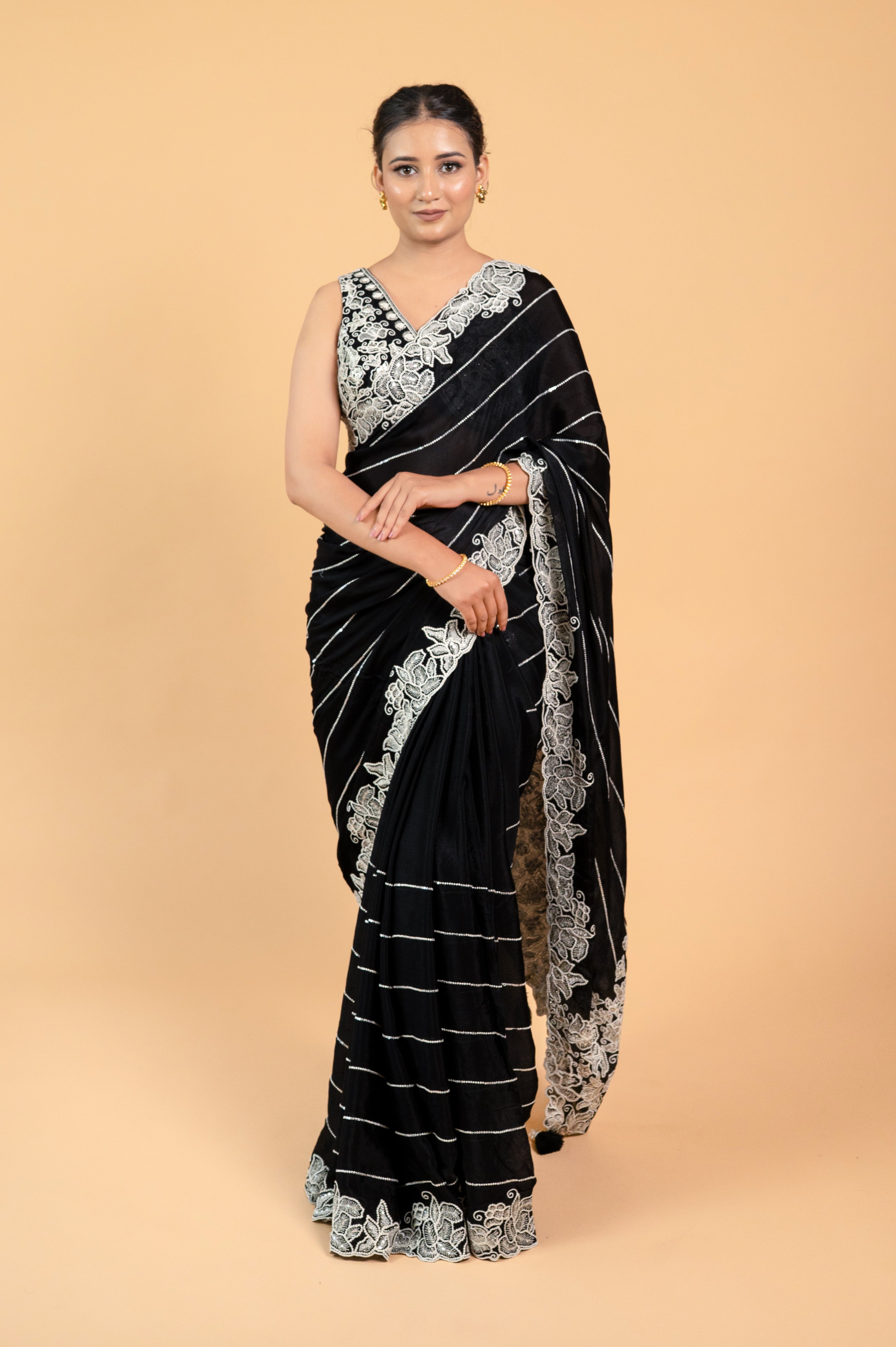 Two Blouse Concept – Marigold Yellow Designer Georgette Saree with White and Silver Embroidery