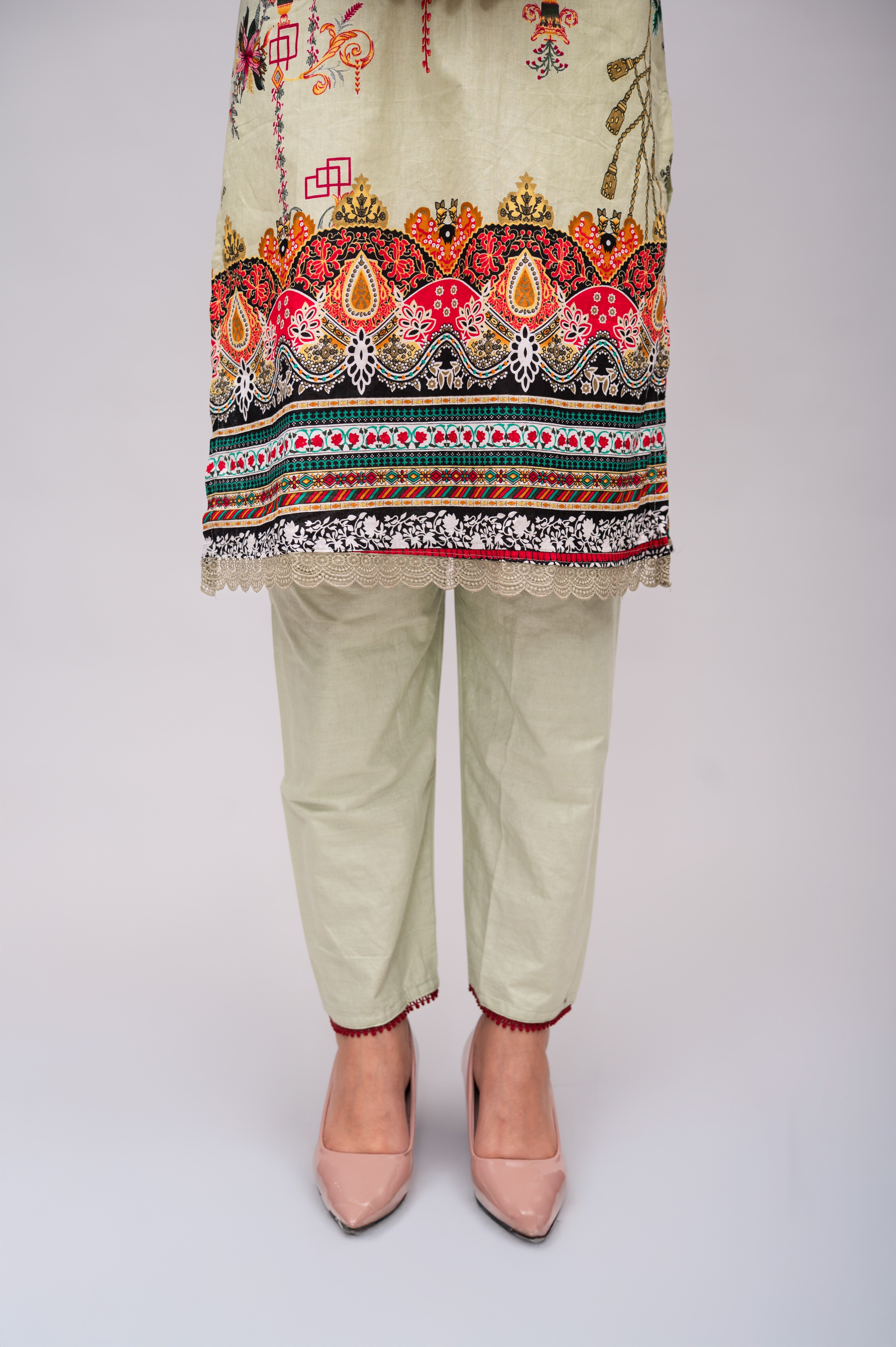 Pastel Green Cotton Suit with Embroidery with a Malmal Printed Dupatta