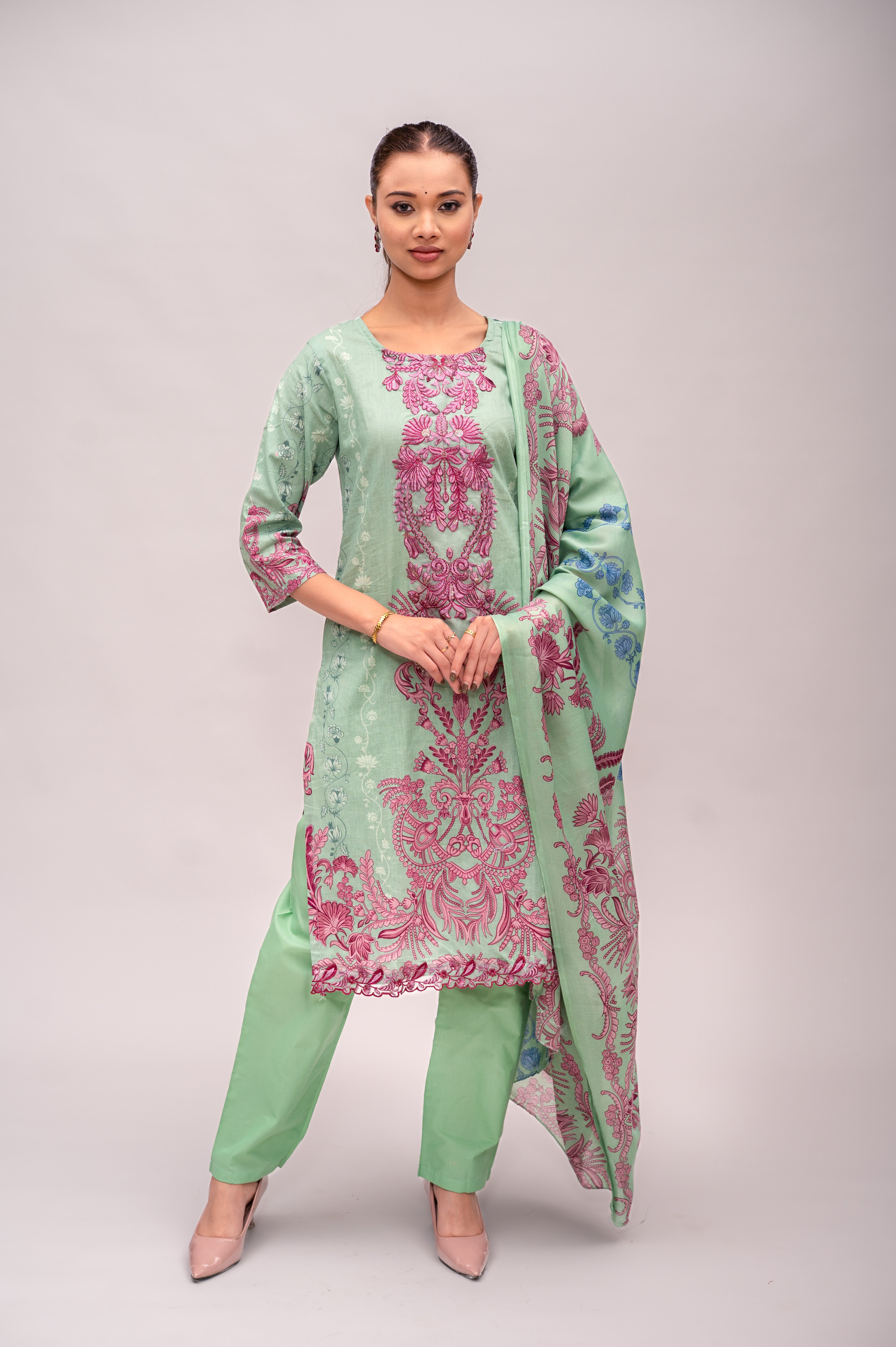 Pastel Green Lawn Cotton Suit with Plain Bottom and Printed Dupatta