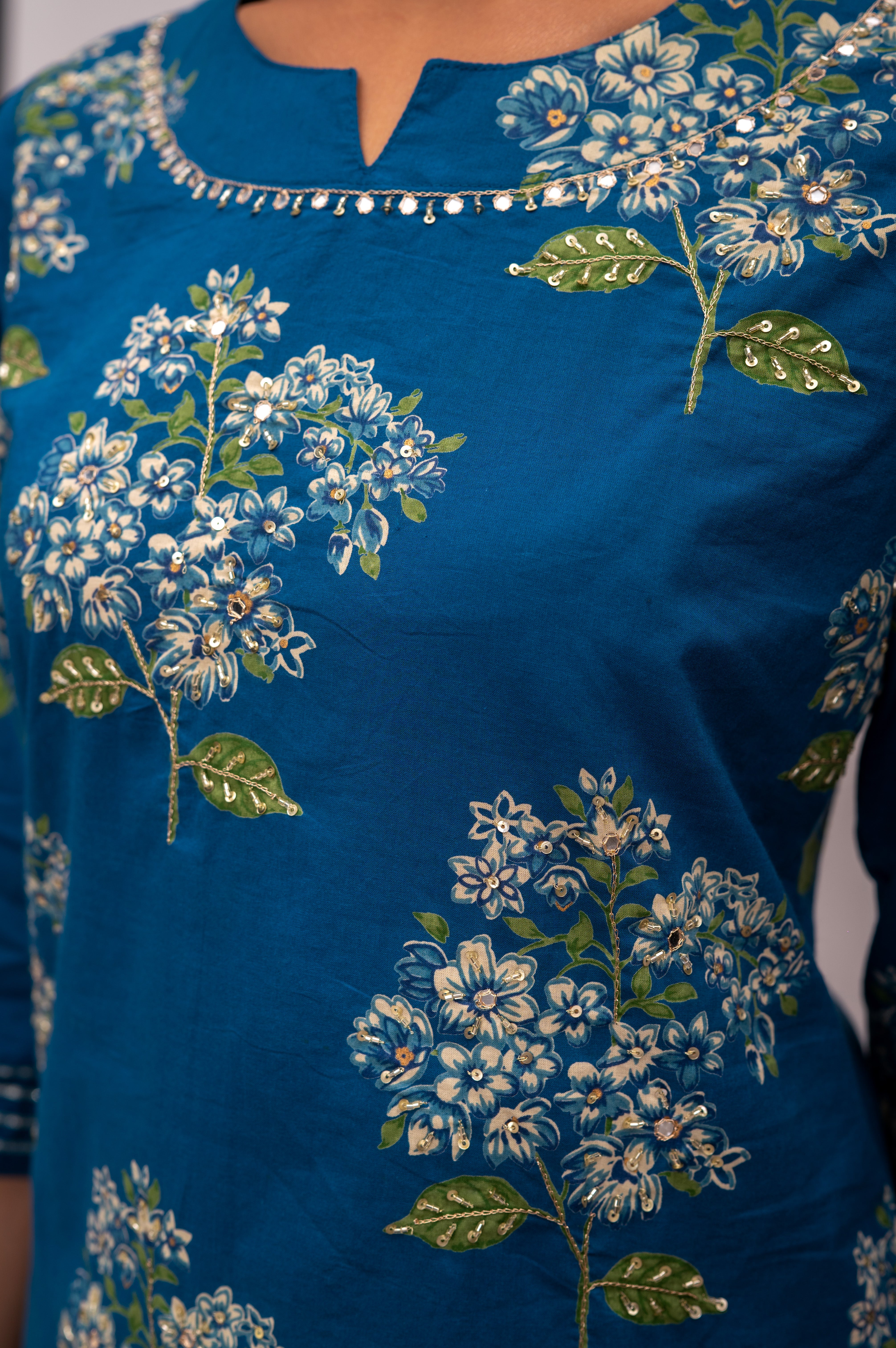 Navy Blue Mal Cotton Floral Print Sharara Suit with Mirror Embroidery