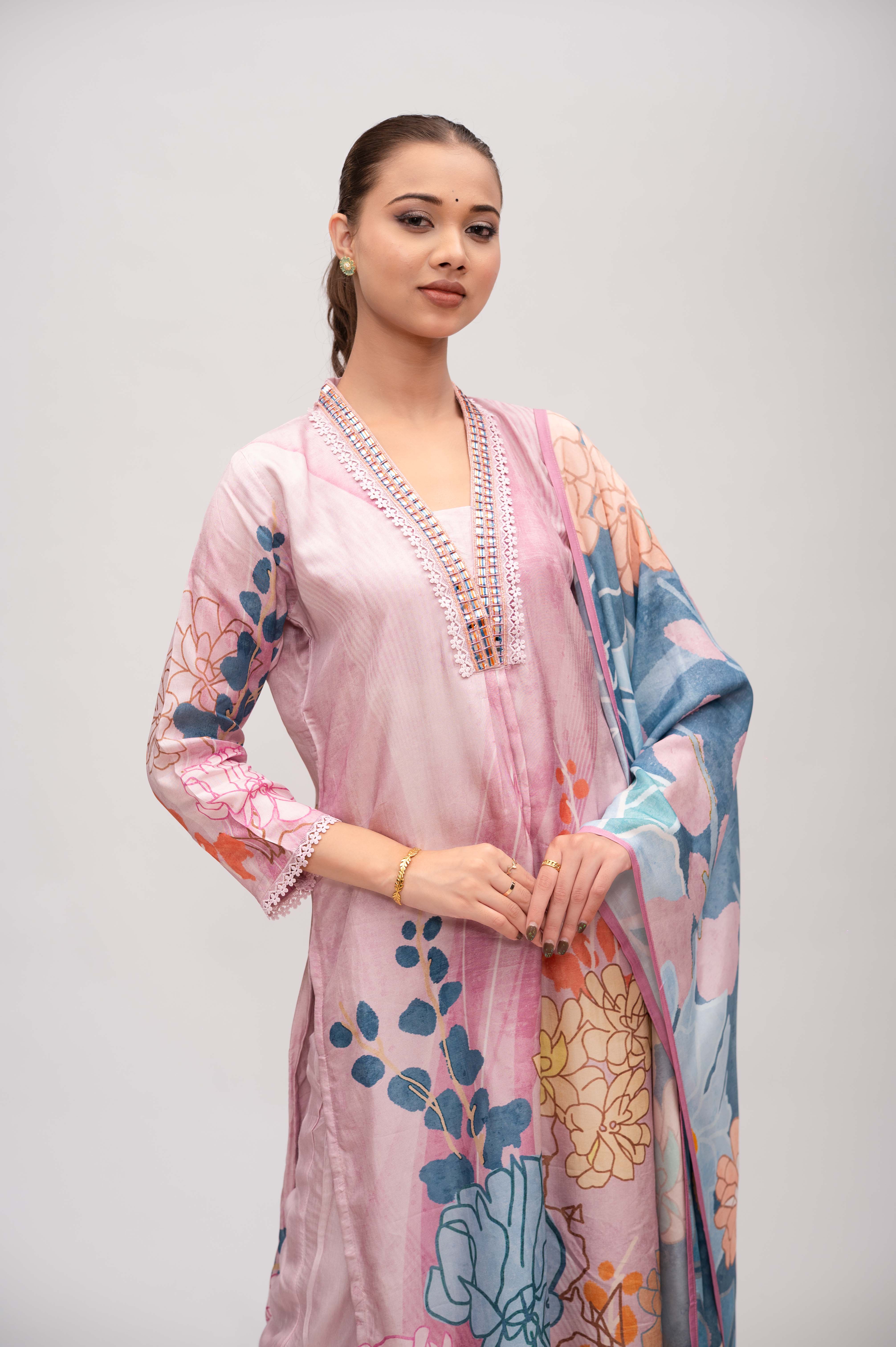 Pastel Pink Silk Suit with Pant and Dupatta – Lace and Mirror Embroidery